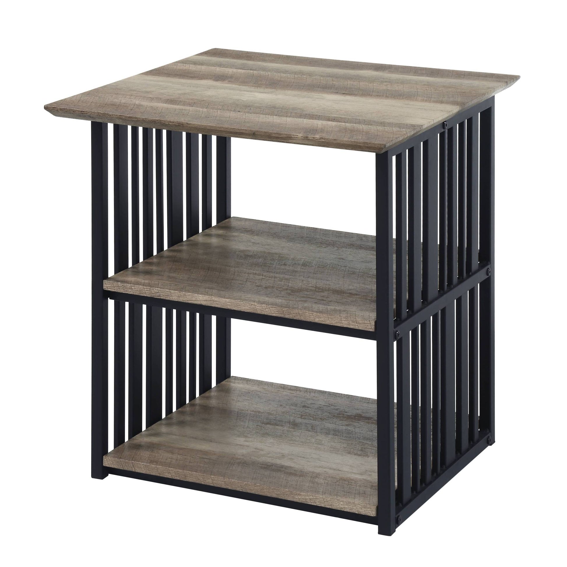 Antique Oak And Black 3 Shelf Nightstand Oak Bedroom Rectangle Industrial,Modern Shelf Oak Wood Metal