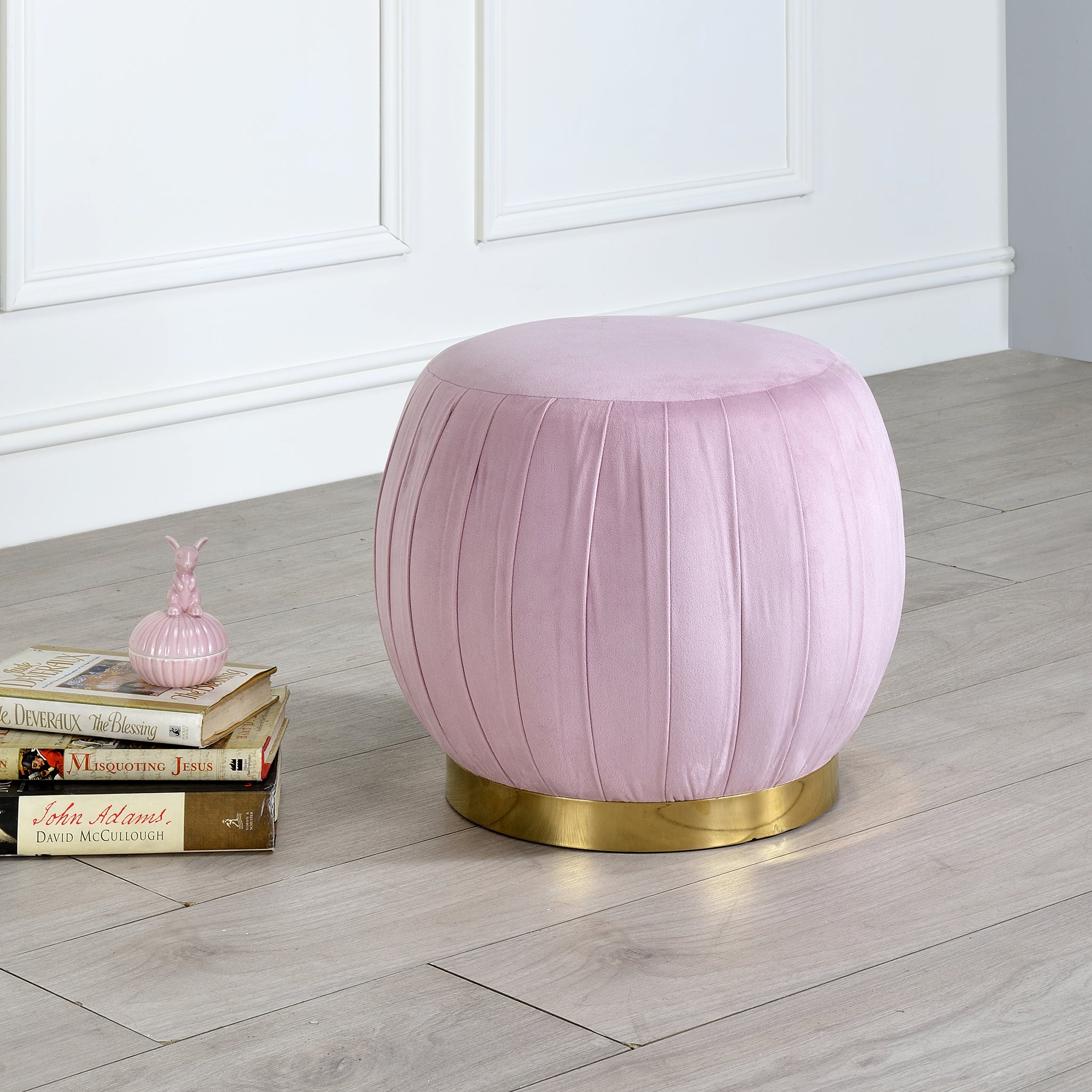 Pink Carnation And Gold Round Tufted Ottoman Pink Velvet Wood Primary Living Space Backless Solid Pink Luxury Round Armless Fabric Metal