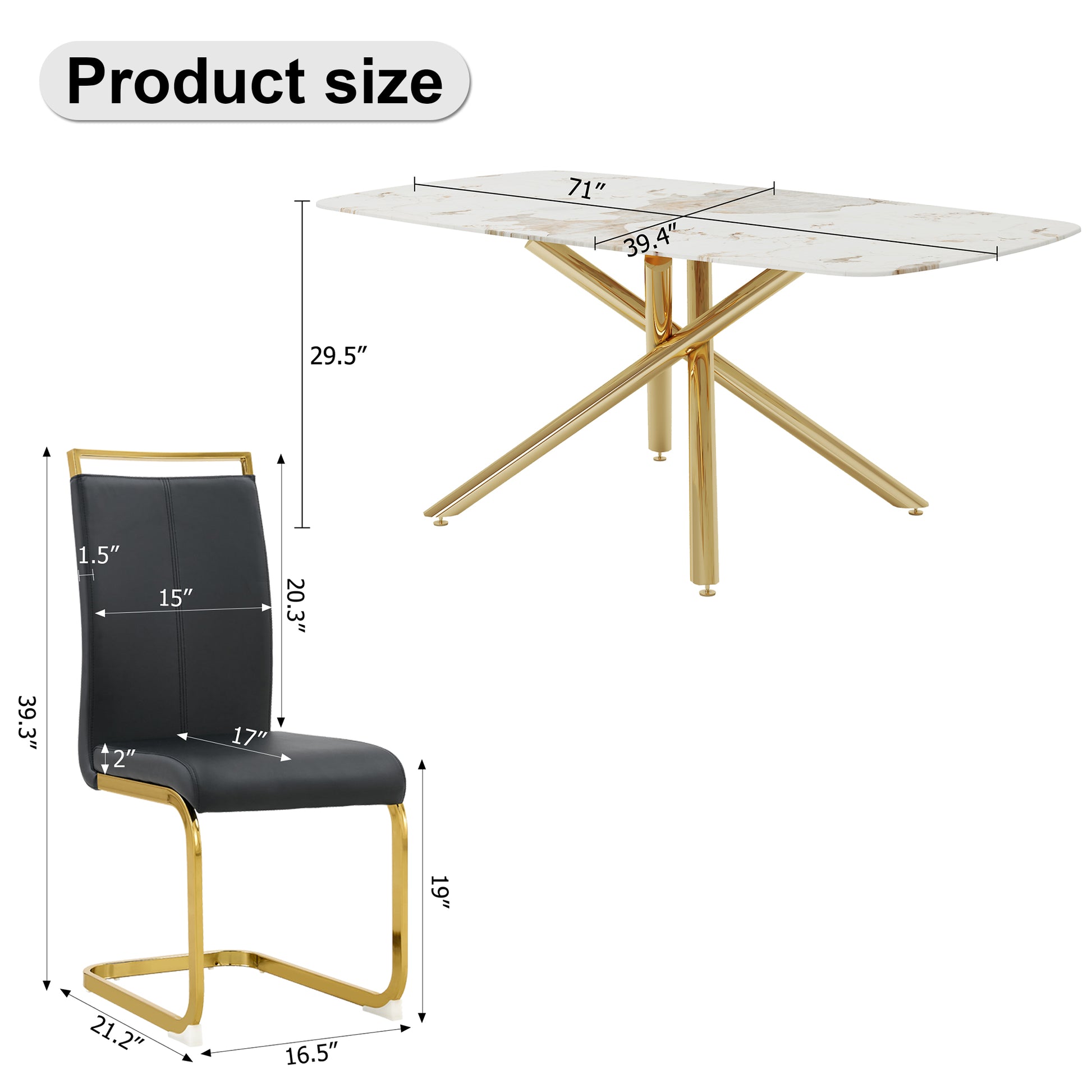 Table And Chair Set.Modern Luxurious Tempered Glass Dining Table Set With 6 Gold Metal Legs And Pu Chairs.White Marble Patterned Sticker Tabletop,Black Chairs With Gold Metal Legs. Black Gold Seats