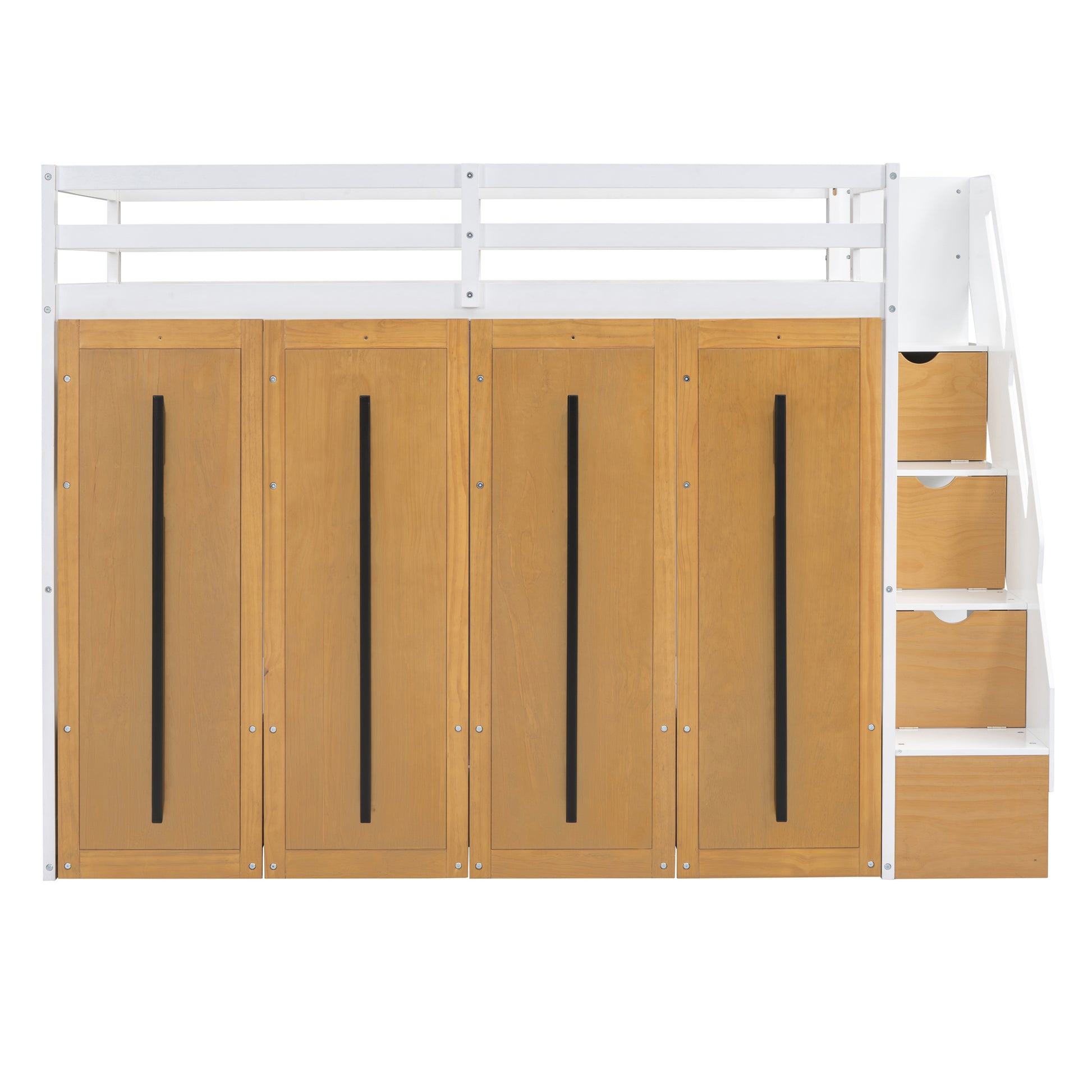 Modern Loft Bed With Two Tone Storage Stairs And Pull Out Wardrobes, White Twin White Solid Wood Mdf