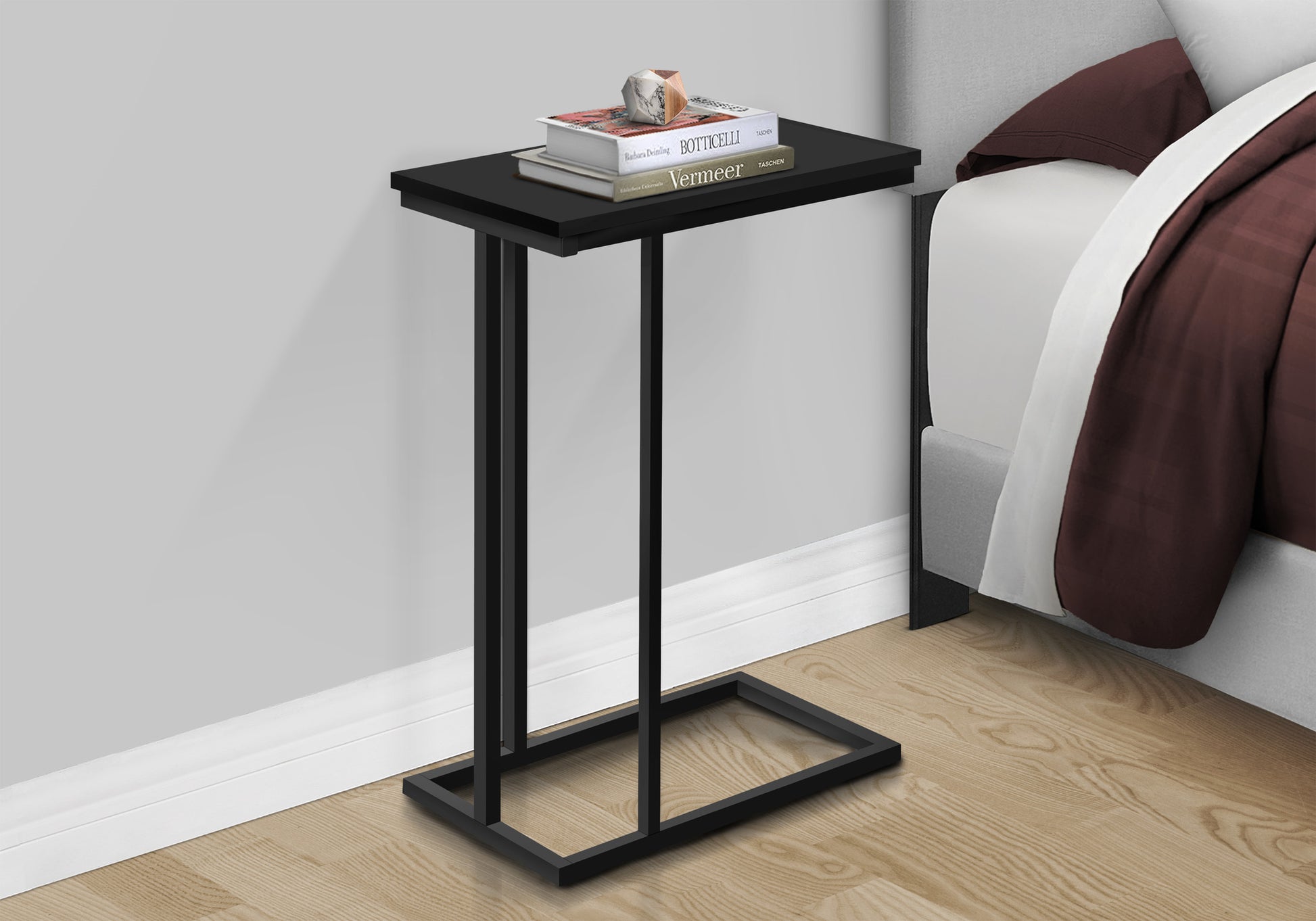 Accent Table, C Shaped, End, Side, Snack, Living Room, Bedroom, Black Laminate, Black Metal, Contemporary, Modern Black Mdf