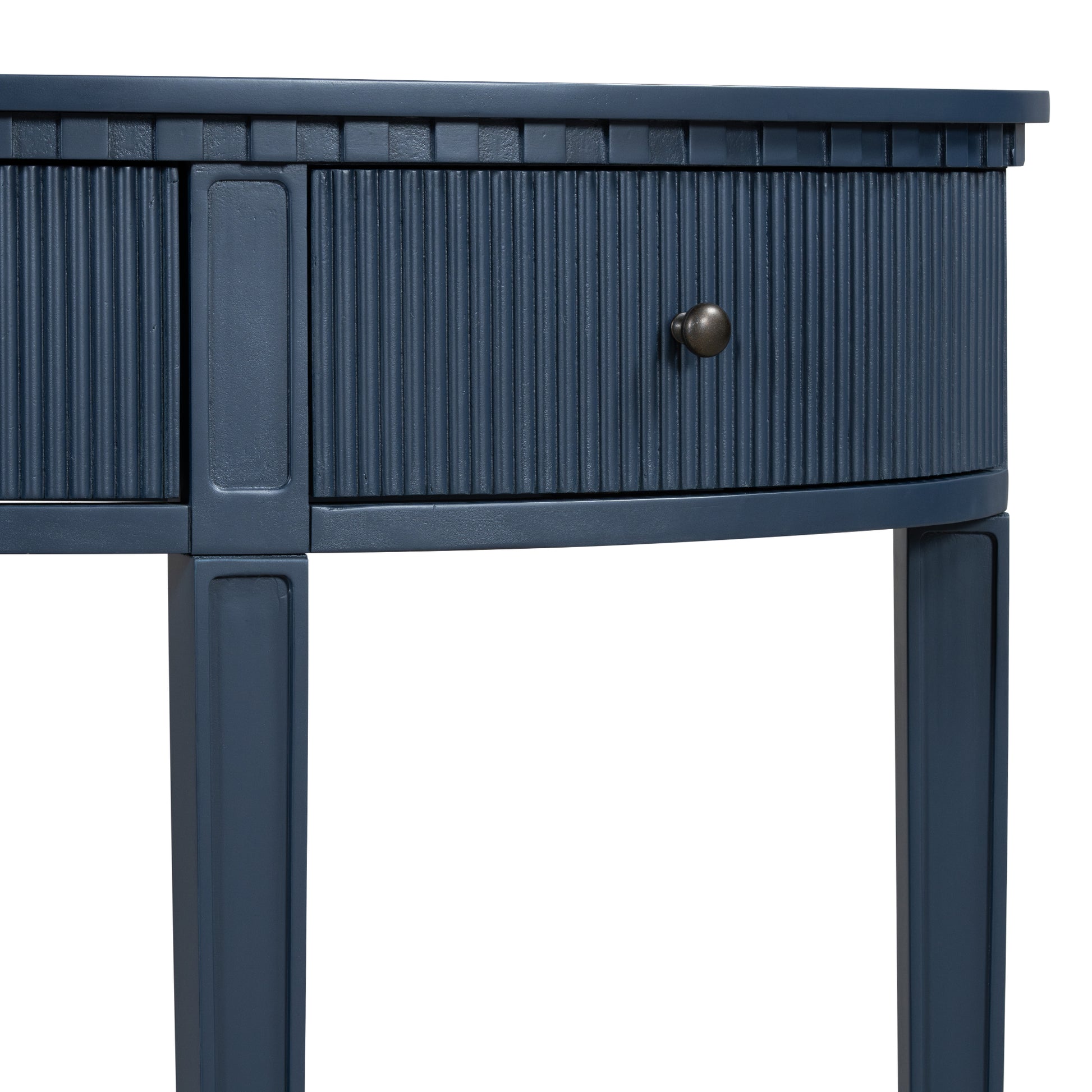 Distinctive Features Of Pine Veneer Console Table With Vertical Stripe Drawer Fronts And Four Legs Navy Blue Primary Living Space Minimalist Mdf
