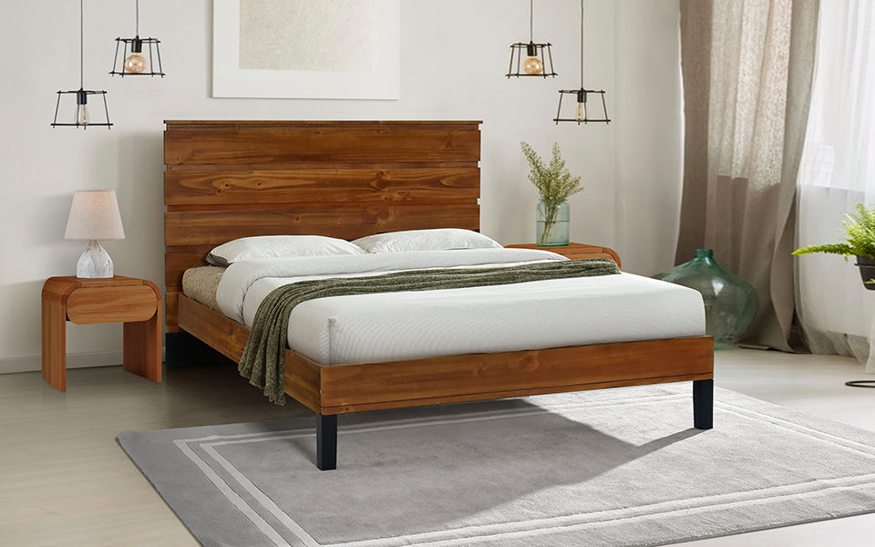 Mid Century Modern Solid Wood Bed Frame King Size Platform Bed With Six Piece Headboard Design, No Box Spring Needed, Brown King Brown Pine