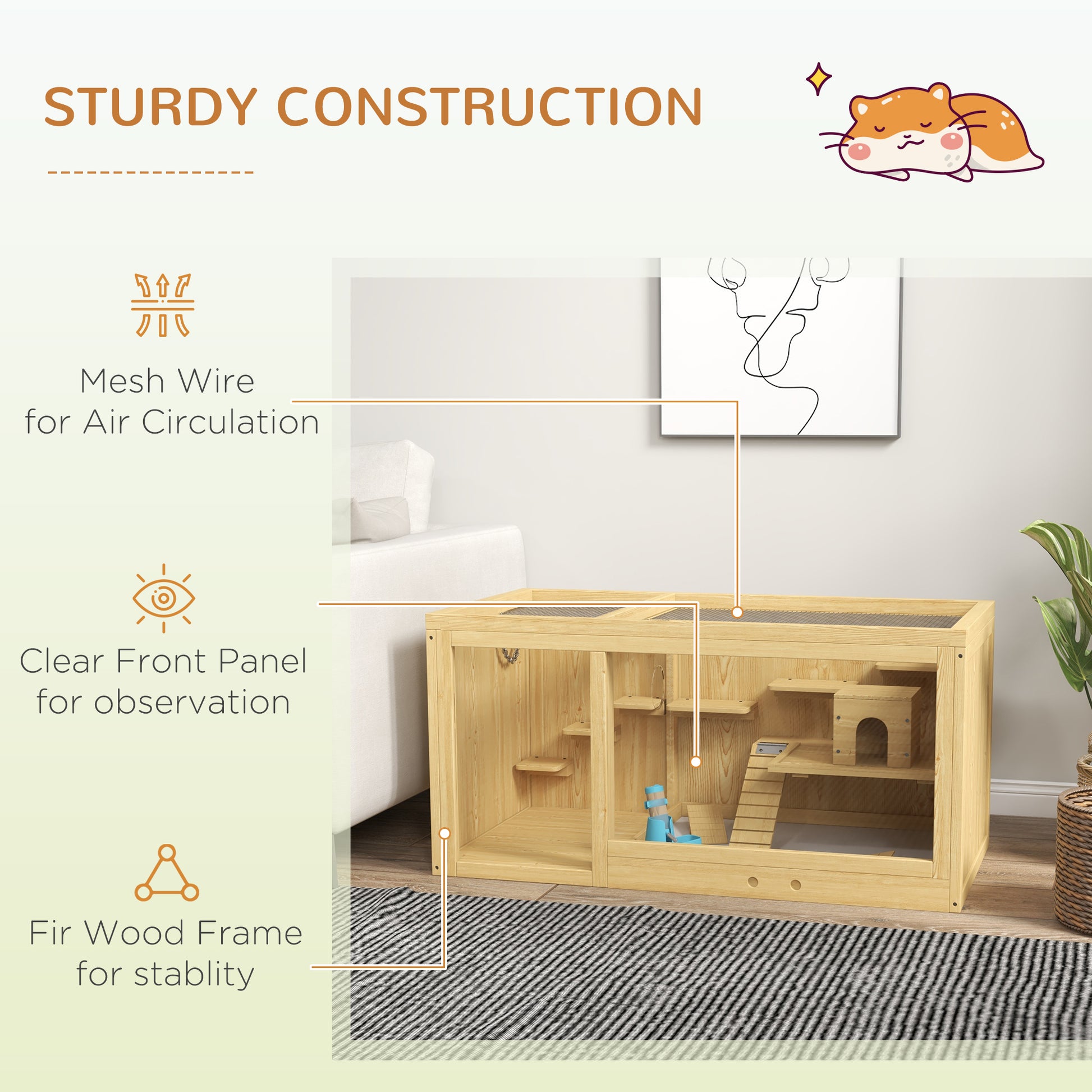 Pawhut Wooden Hamster Cage, Extra Large Gerbil Cage, Multi Layer Small Animal Cage For Dwarf Hamster, Activity Center With Pull Out Tray, Seesaws, Water Bottle, Ladder, Openable Top Natural Wood