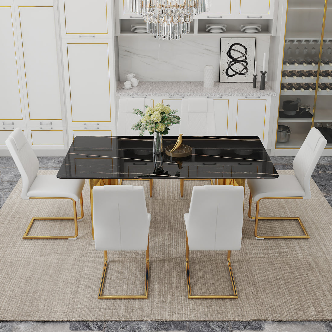 Table And Chair Set.The Table Has A Glass Tabletop With Imitation Marble Pattern Stickers And Stainless Steel Golden Table Legs. Paried With Comfortable Chairs With Pu Seats And Metal Legs. Gold Black Seats 6 Glass Metal