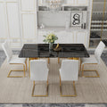 Table And Chair Set.The Table Has A Glass Tabletop With Imitation Marble Pattern Stickers And Stainless Steel Golden Table Legs. Paried With Comfortable Chairs With Pu Seats And Metal Legs. Gold Black Seats 6 Glass Metal