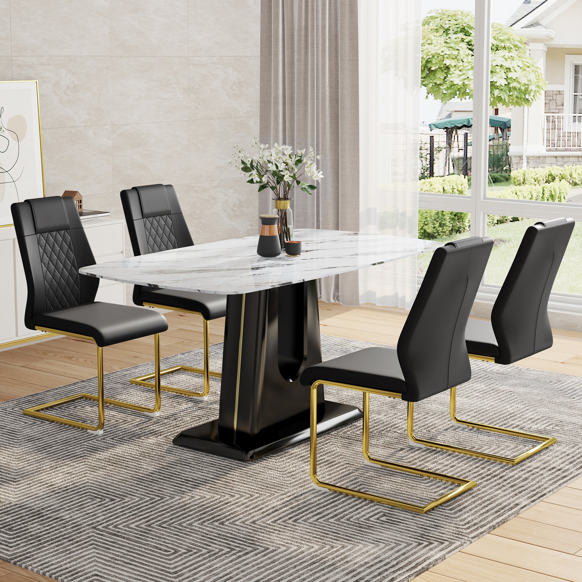Table And Chair Set, Modern And Minimalist Dining Table, Imitation Marble Patterned Tabletop, Mdf Legs With U Shaped Brackets. Paired With Comfortable Chairs, Suitable For Dining And Living Rooms. Black Gold Mdf Glass