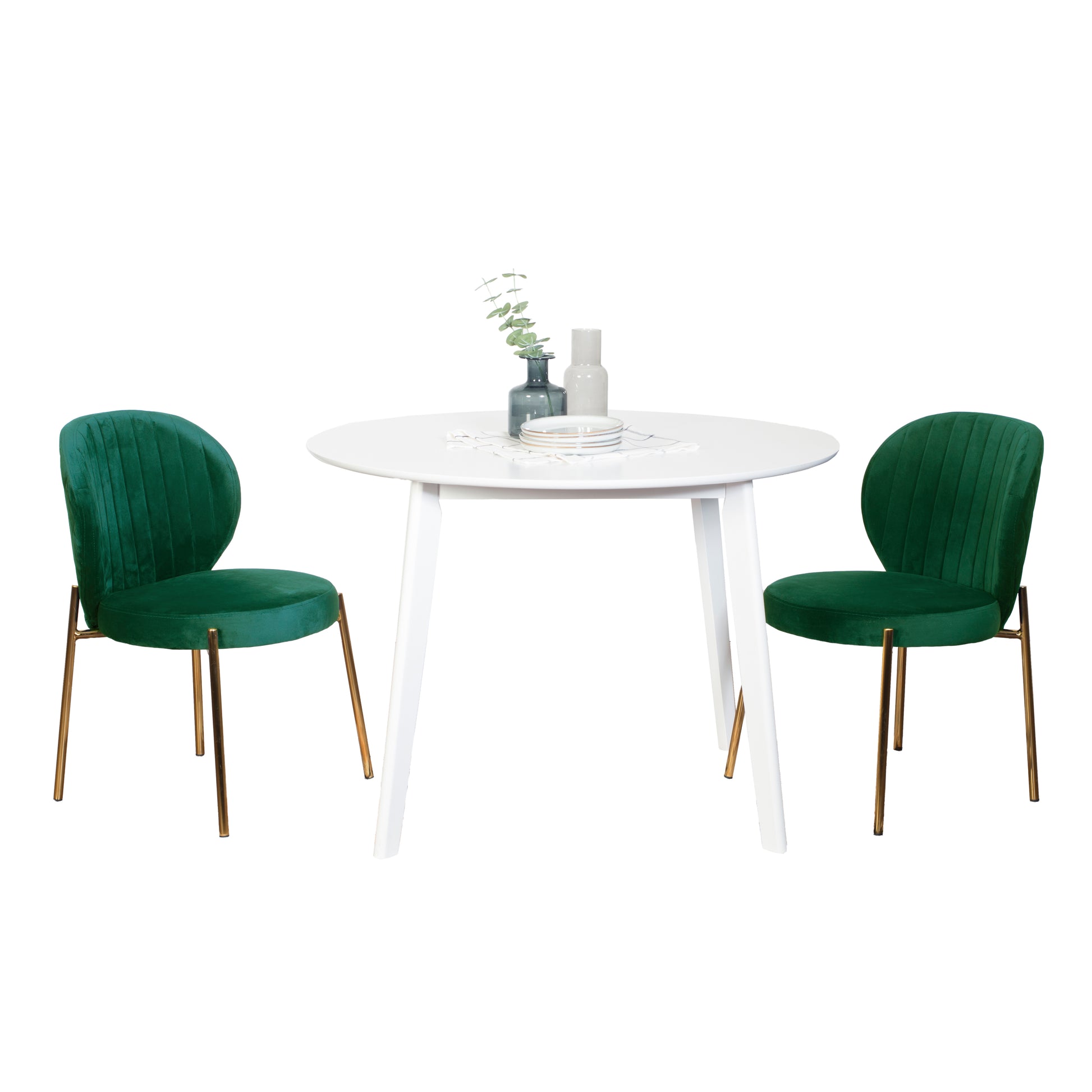 Amoa Contemporary 3 Piece Dining Set, White Round Dining Table With 2 Chairs Wood White Seats 2 White Wood Dining Room Fixed Table Rubberwood Round 4 Leg Round Dining Table With Chair Mdf