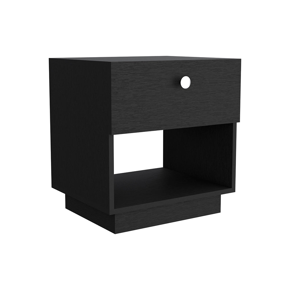 Paris 1 Drawer Nightstand, Open Lower Shelf Black Bedroom Rectangle Modern Shelving Particle Board Engineered Wood