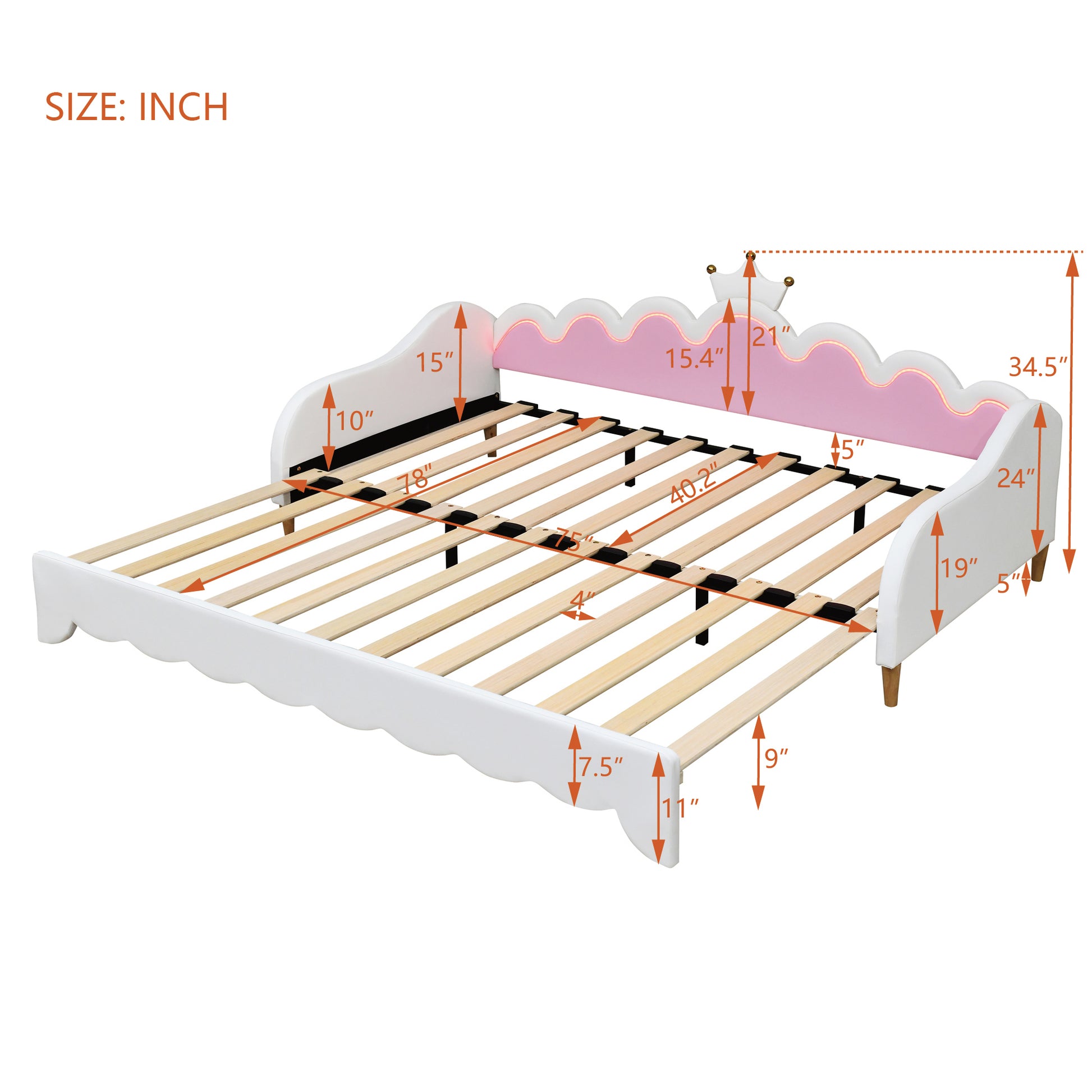 Twin Extending Daybed With Led Lights, Modern Upholstered Princess Daybed With Crown Headboard,White Twin White Wood