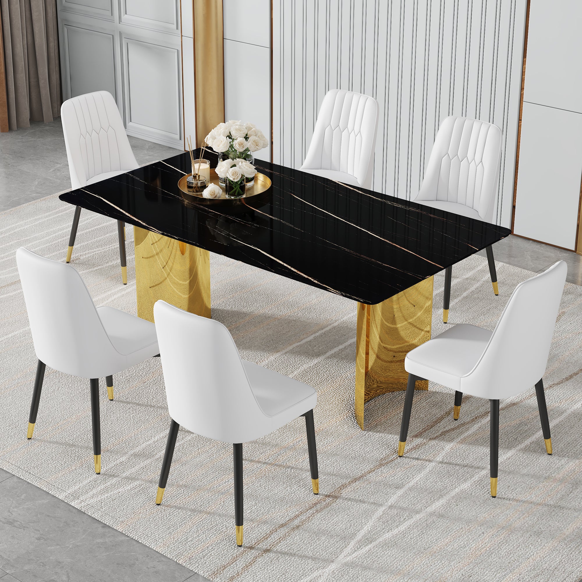 Table And Chair Set.The Table Has A Glass Top With Imitation Marble Pattern Stickers And Stainless Steel Golden Legs. Paried With Chairs With Pu Artificial Leather Backrest Cushions And Black Legs. Black Gold Seats 6 Glass Metal