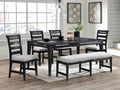 Black Color 6Pc Dining Set Table And 4X Side Chairs 1X Bench Upholstered Fabric Cushion Seats Solid Wood Dining Room Furniture Wood Dining Room Solid Wood Rubberwood Rectangular Dining Table With Chair And Bench Upholstered Chair Wood Black Ladder Back