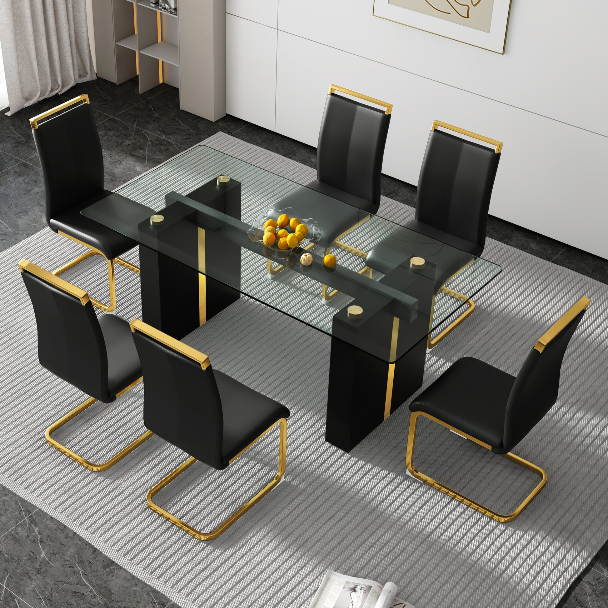 Table And Chair Set, Large Modern Minimalist Rectangular Glass Table, Can Accommodate 6 8 People, Equipped With Tempered Glass Tabletop And Large Mdf Table Legs, Comfortable And Minimalist Chairs. Transparent Glass