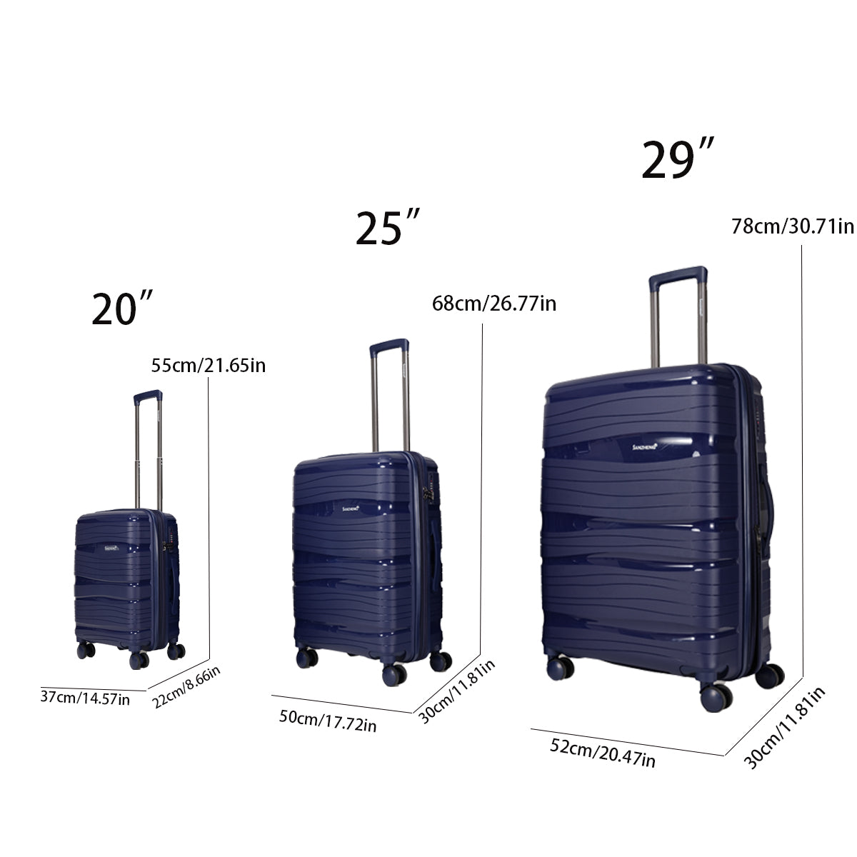 Pp Material Three Piece Luggage Set, Expandable, Lightweight Hard Luggage With Swivel Wheels And Password Lock, Stylish Luggage Set 20 Inches, 25 Inches, 29 Inches Dark Blue Abs