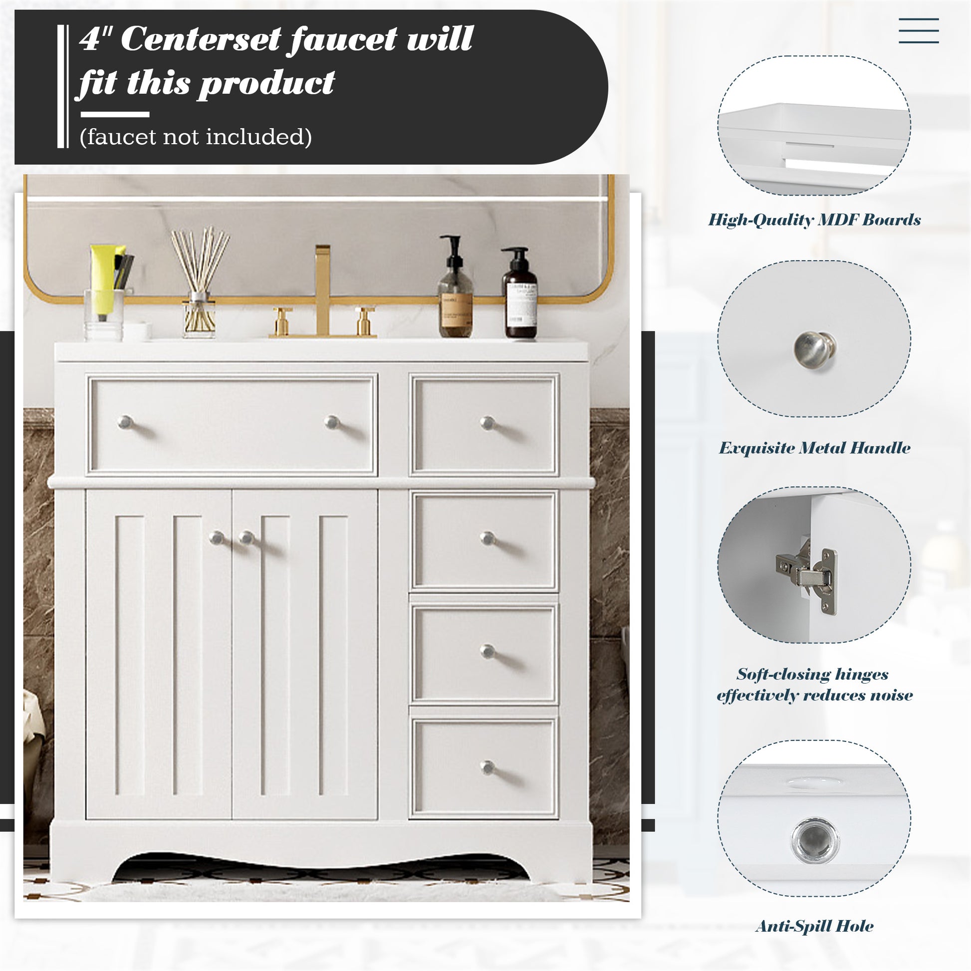 36'' Bathroom Vanity With Resin Sink Combo, Solid Wood Frame Bathroom Storage Cabinet, Freestanding Vanity Set With 3 Drawers& Adjustable Shelf White Bathroom Modern Solid Wood Mdf Resin