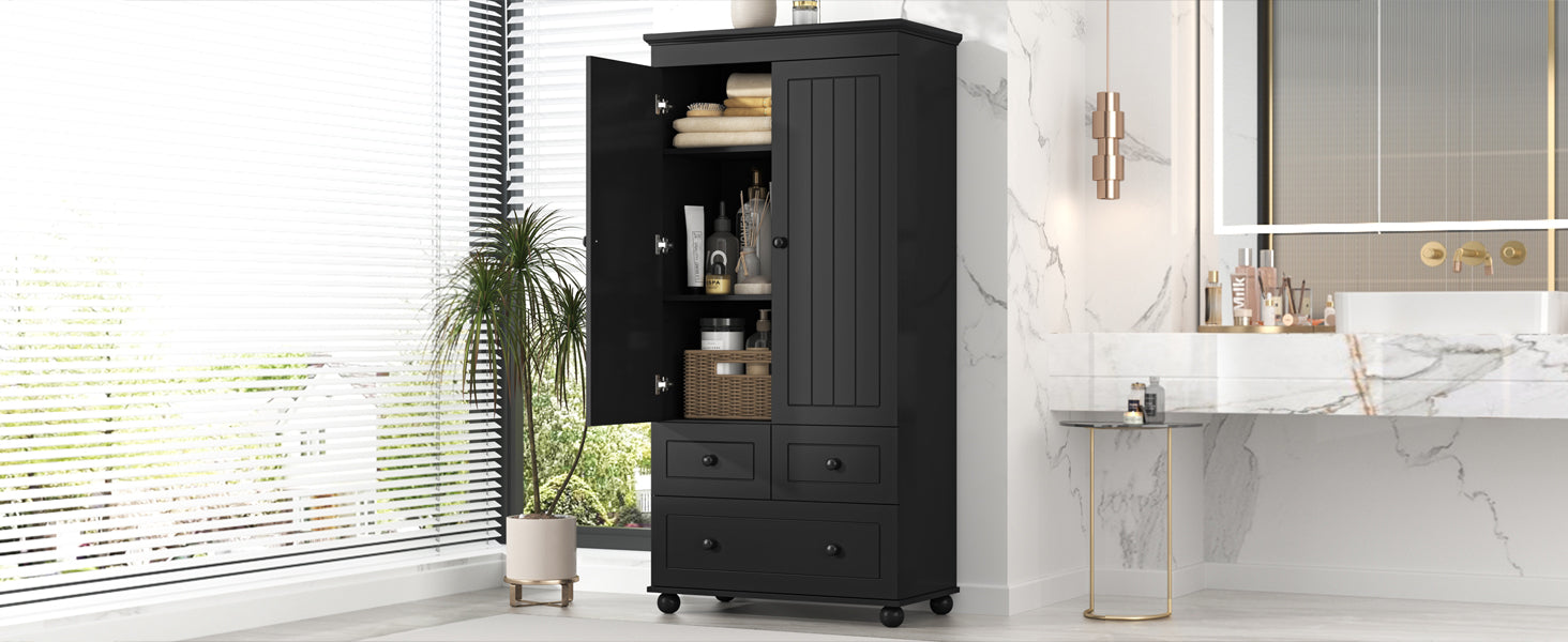 Tall Storage Cabinet With Three Drawers For Bathroom Office, Black Black Mdf