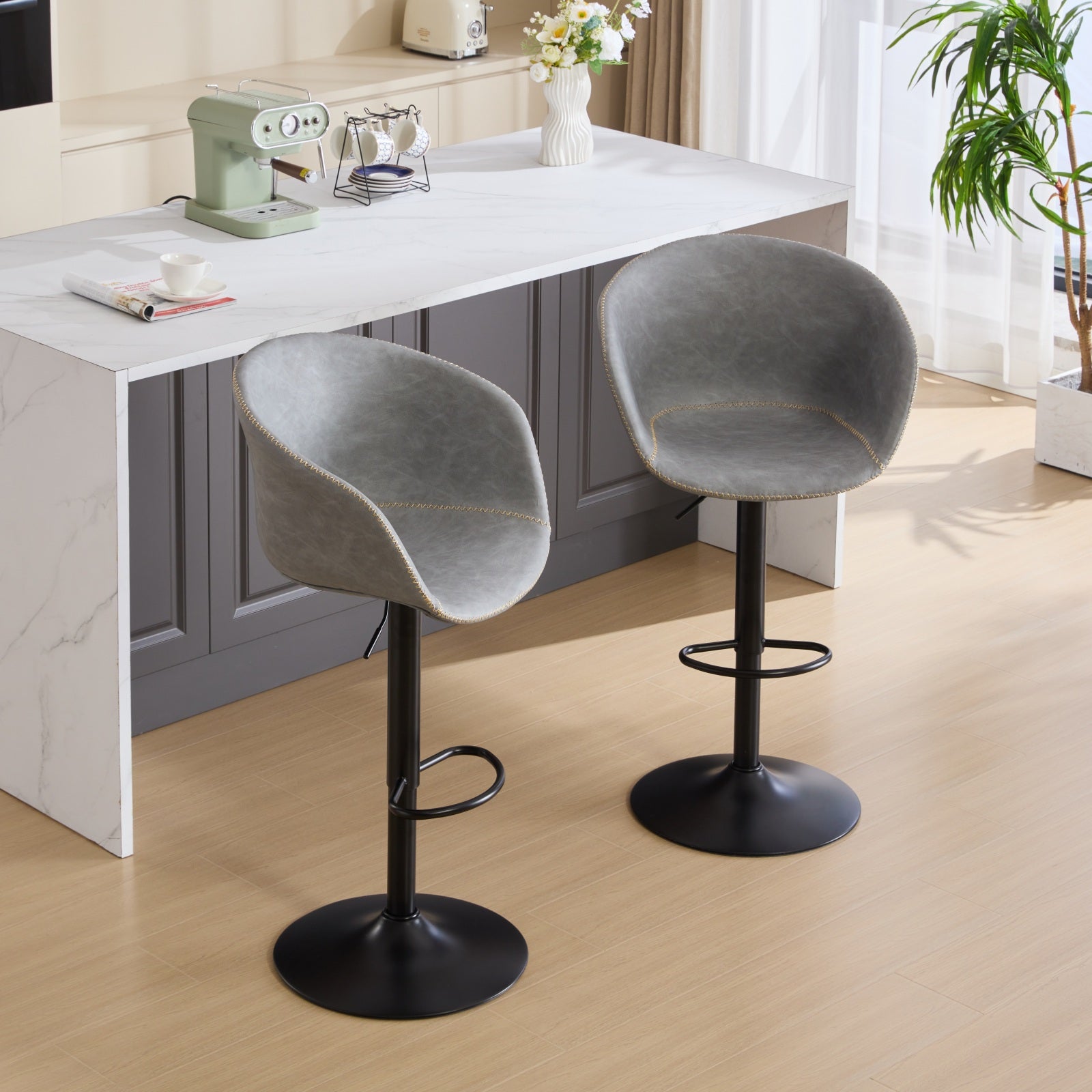 Adjustable Swivel Bar Stools, Mid Century Modern Pu Leather Upholstered Counter Height Bar Stool, Kitchen Island Barstools With Minimalism Style, 1 Chair 1Carton,Gray Gray Pu Classic,Minimalist Bar Stools 1 Foam Pu Leather