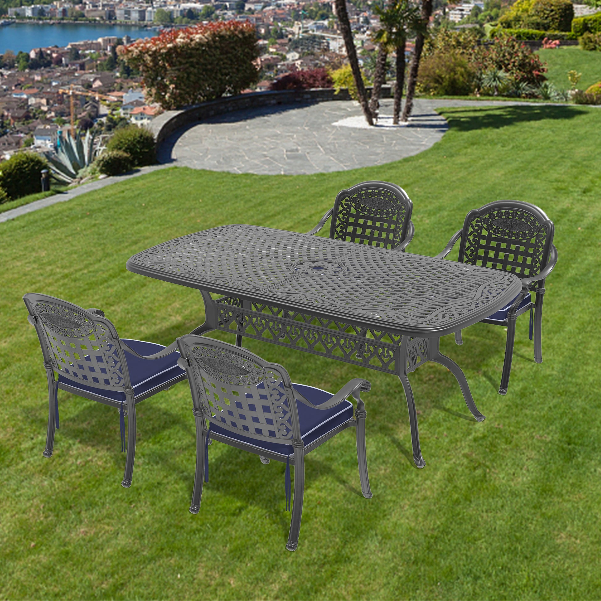Cushions In Random Colors 5 Piece Set Of Cast Aluminum Patio Furniture With Cushions Yes Dining Set Black Seats 4 Rust Resistant Frame Water Resistant Cushion Garden & Outdoor Complete Patio Sets Aluminium
