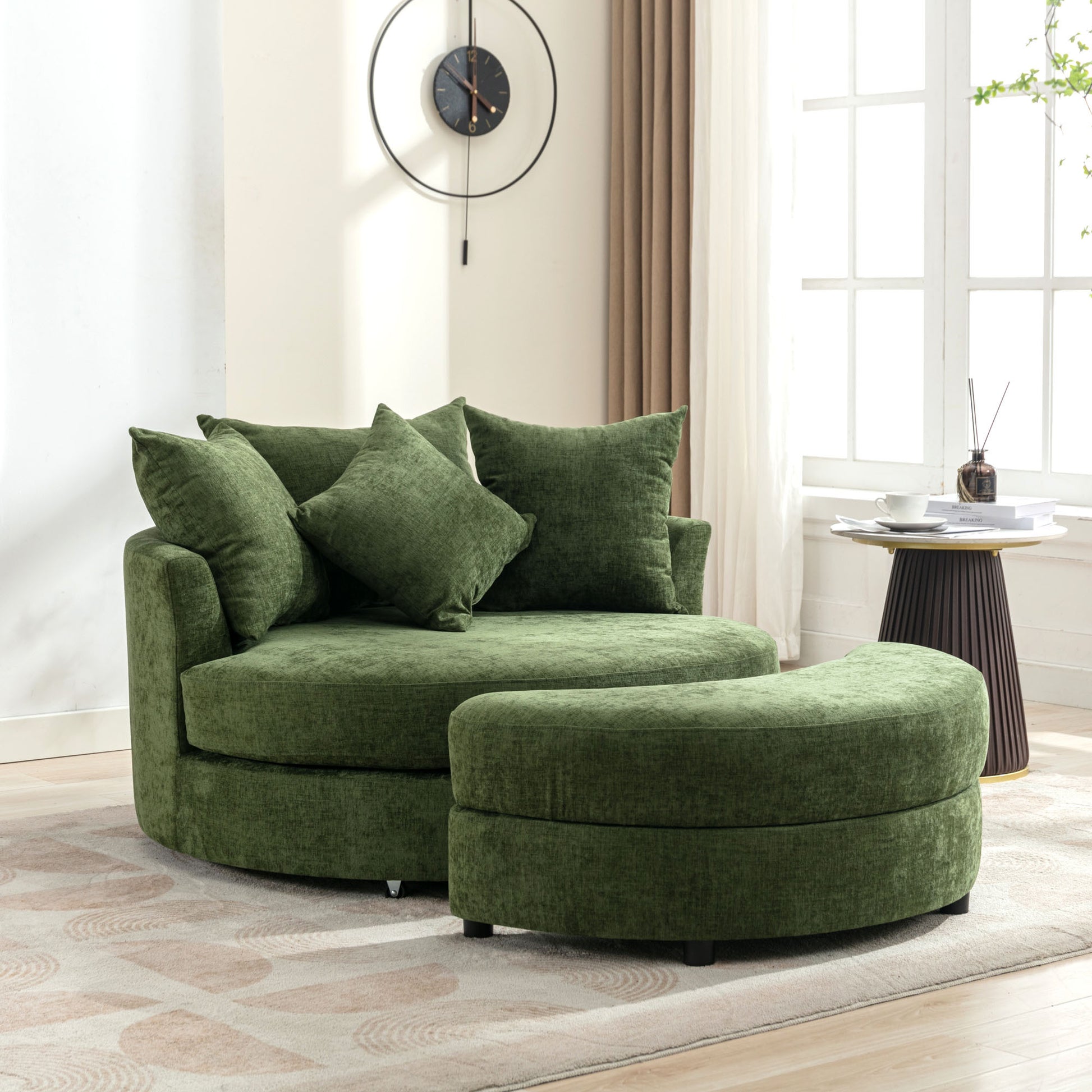 Orisfur. 360 Swivel Accent Barrel Chair With Storage Ottoman & 4 Pillows, Modern Chenille Leisure Chair Round Accent For Living Room, Green Green Foam Chenille