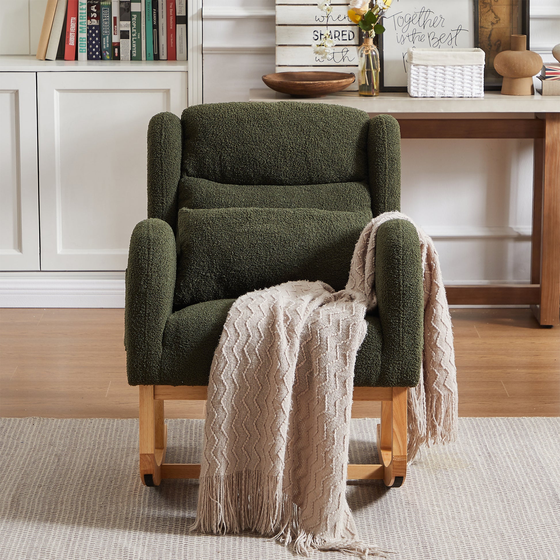 27.2"W Modern Accent High Backrest Living Room Lounge Arm Rocking Chair, Two Side Pocket Army Green Foam Fabric
