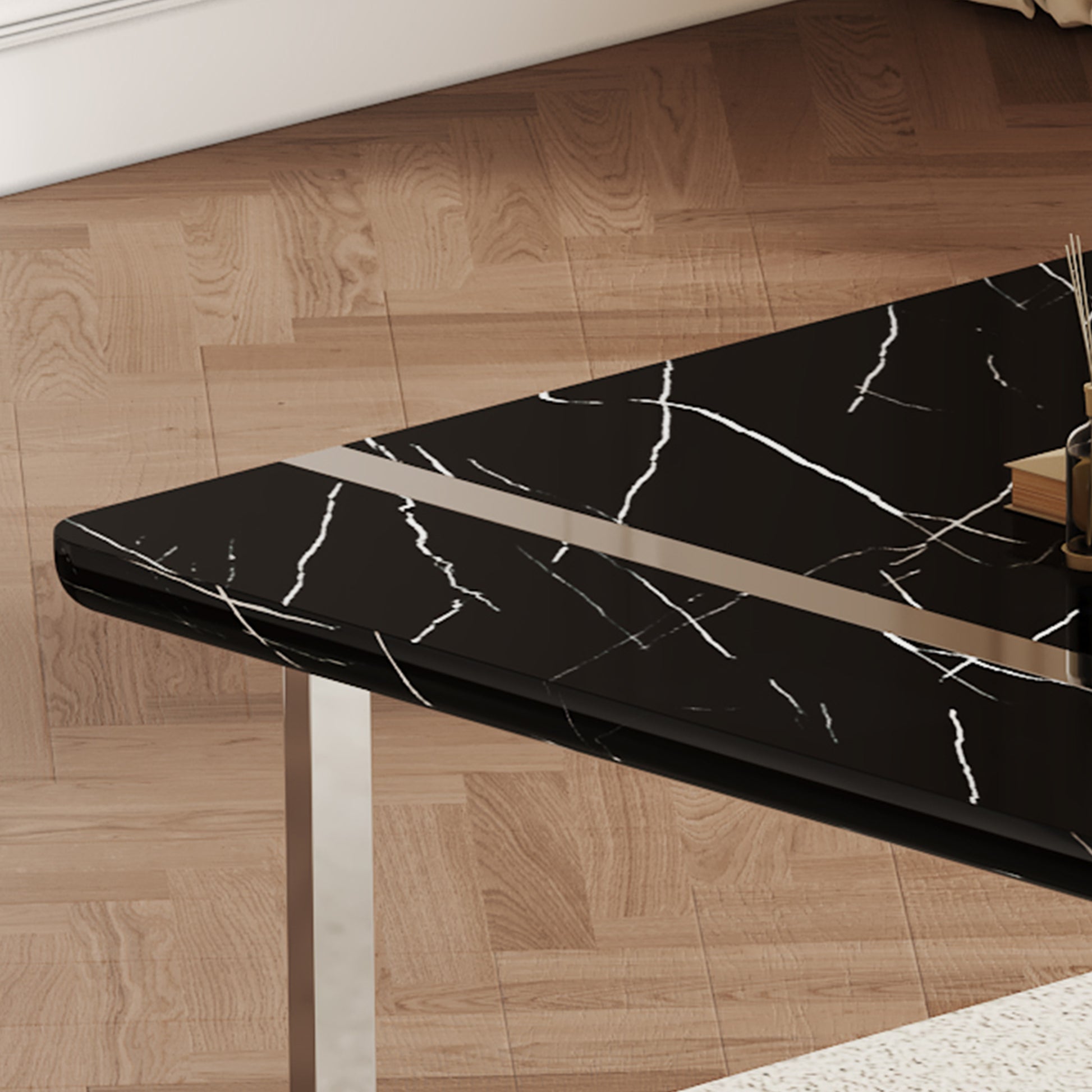 Table And Chair Set.A Rustic Industrial Rectangular Mdf Black Dining Table With Mdf Desktop And Electroplated Silver Metal Legs.Paried With 6 Chairs With Pu Cushion And Metal Legs. White Black Seats 6 Mdf Metal