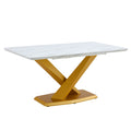Table And Chair Set, The Table Is Equipped With A Marble Patterned Mdf Tabletop And Gold Table Legs.The Chair Is Equipped With Pu Synthetic Leather High Back Cushion And Gold Coated Metal Legs. Grey Gold Seats 4 Mdf Metal