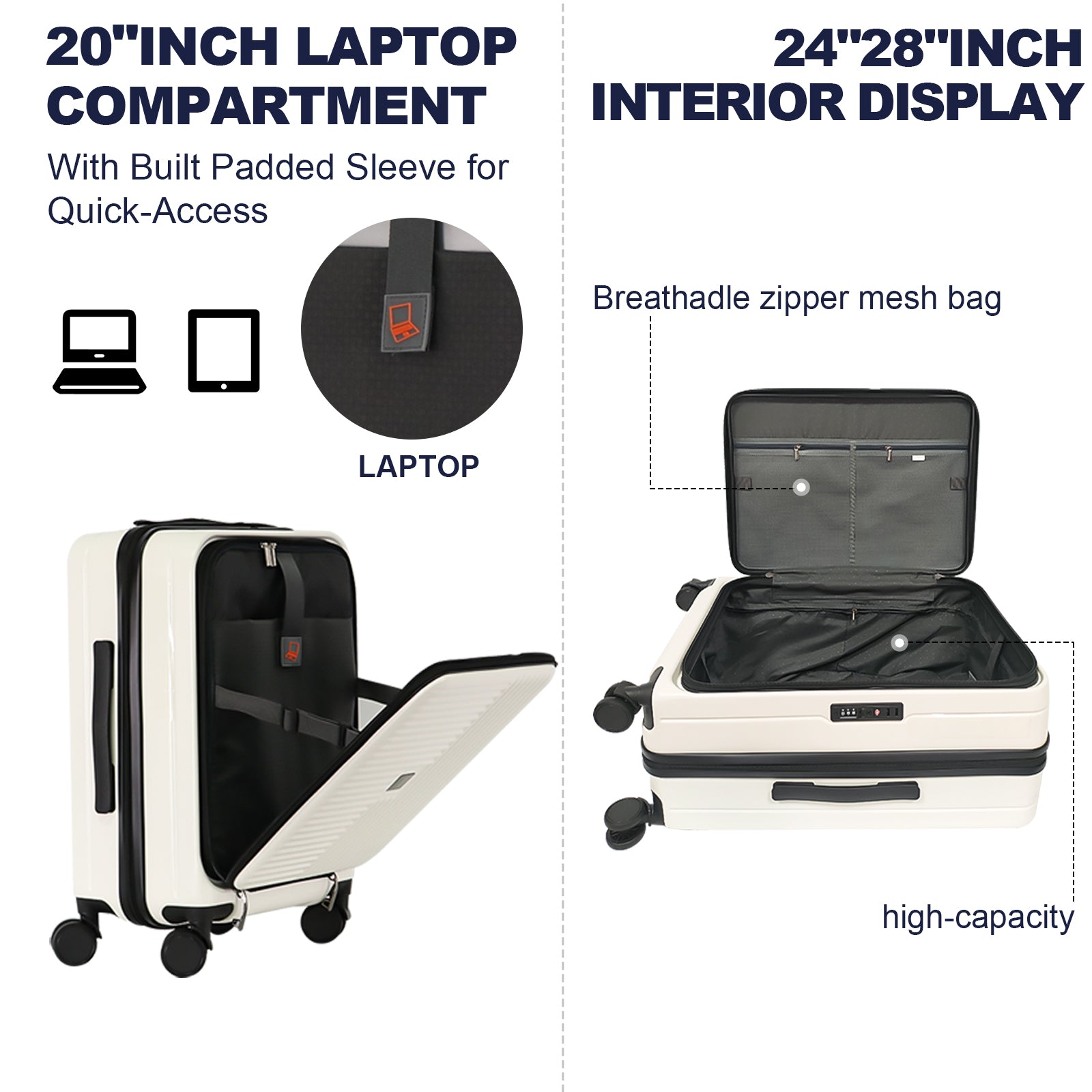 Luggage,With Front Opening,Tsa Approved Lock,Hardshell Suitcase,White Creamy White Abs Pc