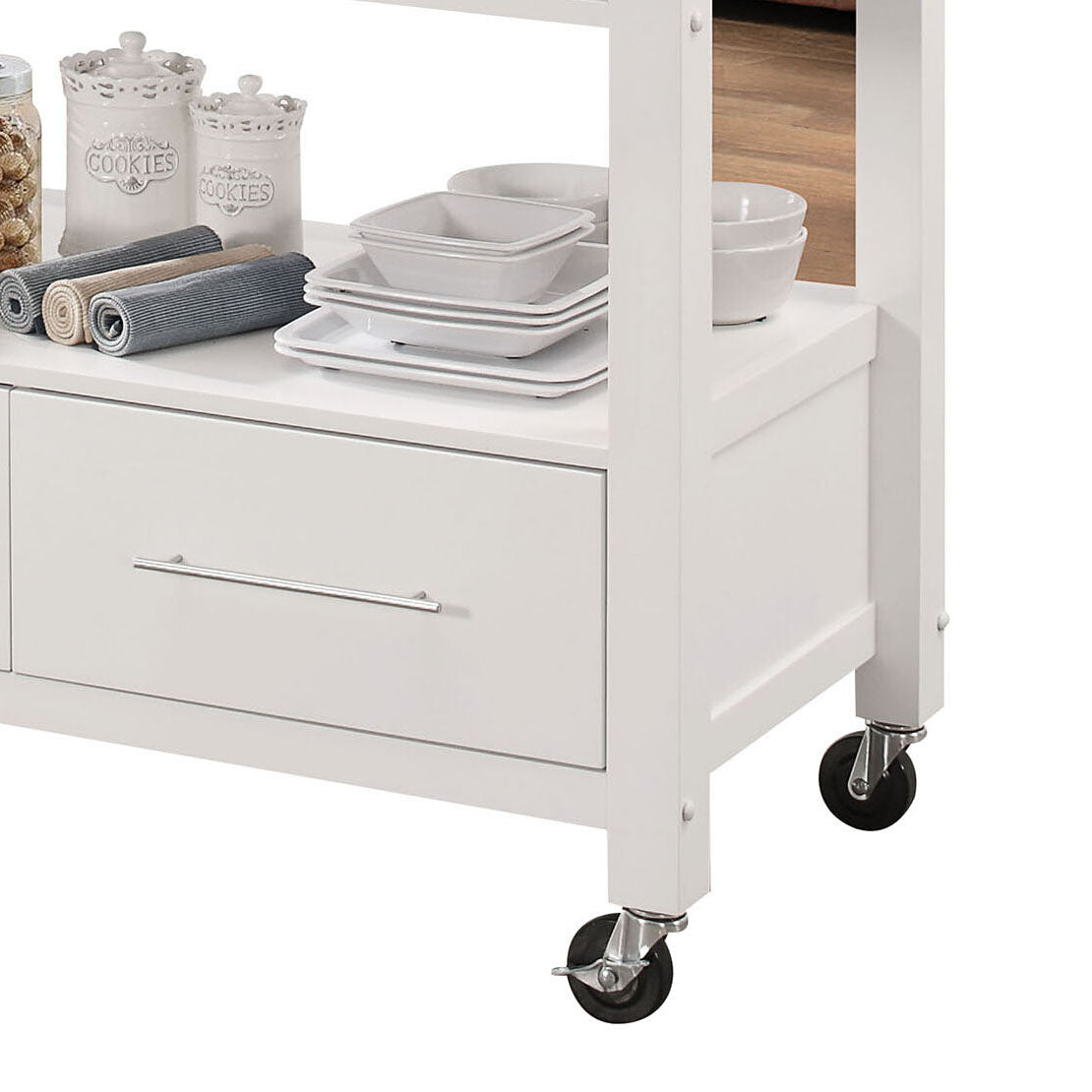 Stainless Steel And White 1 Shelf Kitchen Cart With Locking Casters White Gray Dining Room Rectangular Kitchen Carts Wood Metal Medium 40 55In