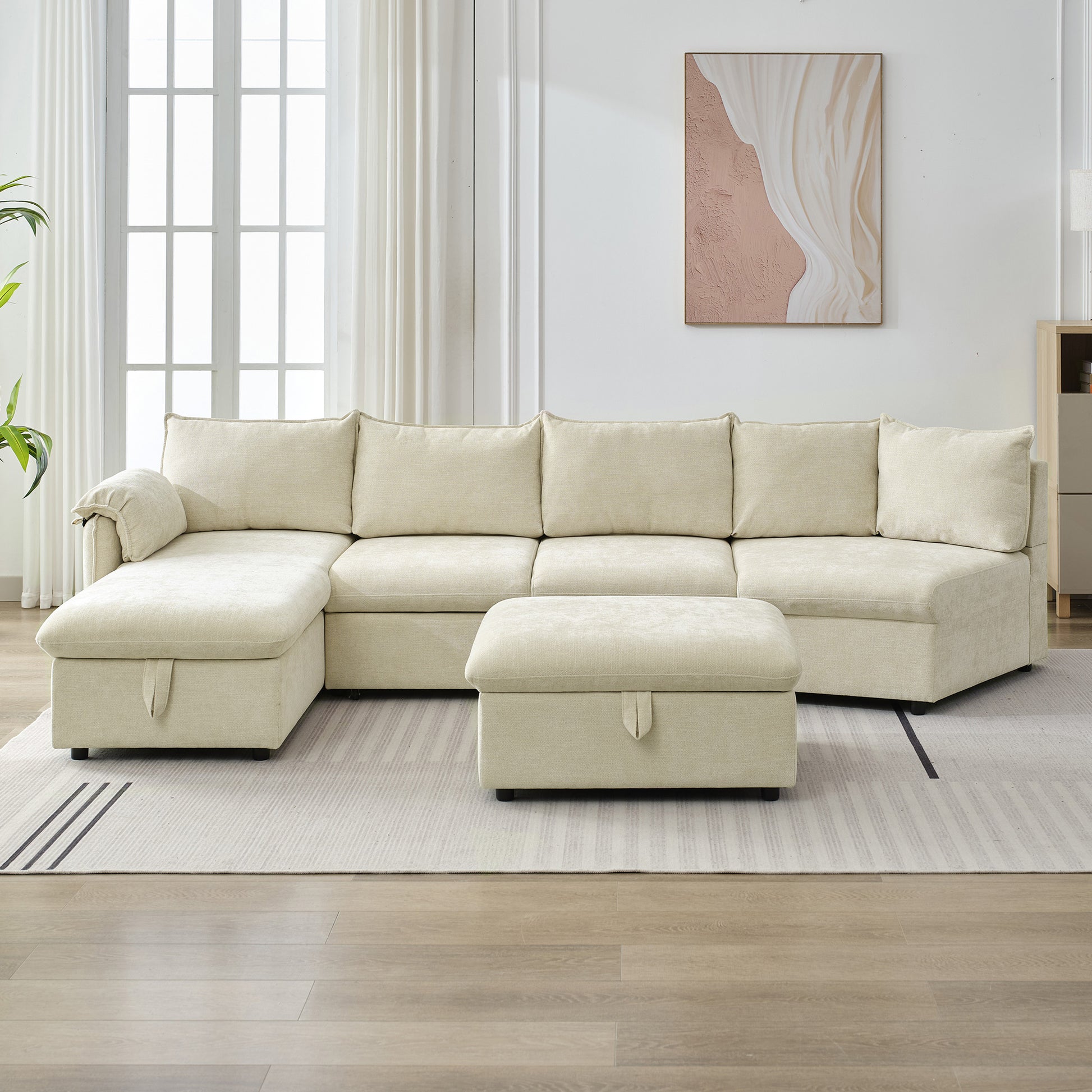 146.9" L Shaped Sofa Sectional Sofa Couch Pull Out Sofa Bed With A Movable Storage Ottoman, A Storage Chaise Lounge And Two Usb Ports For Living Room, Beige Beige Foam Linen 5 Seat