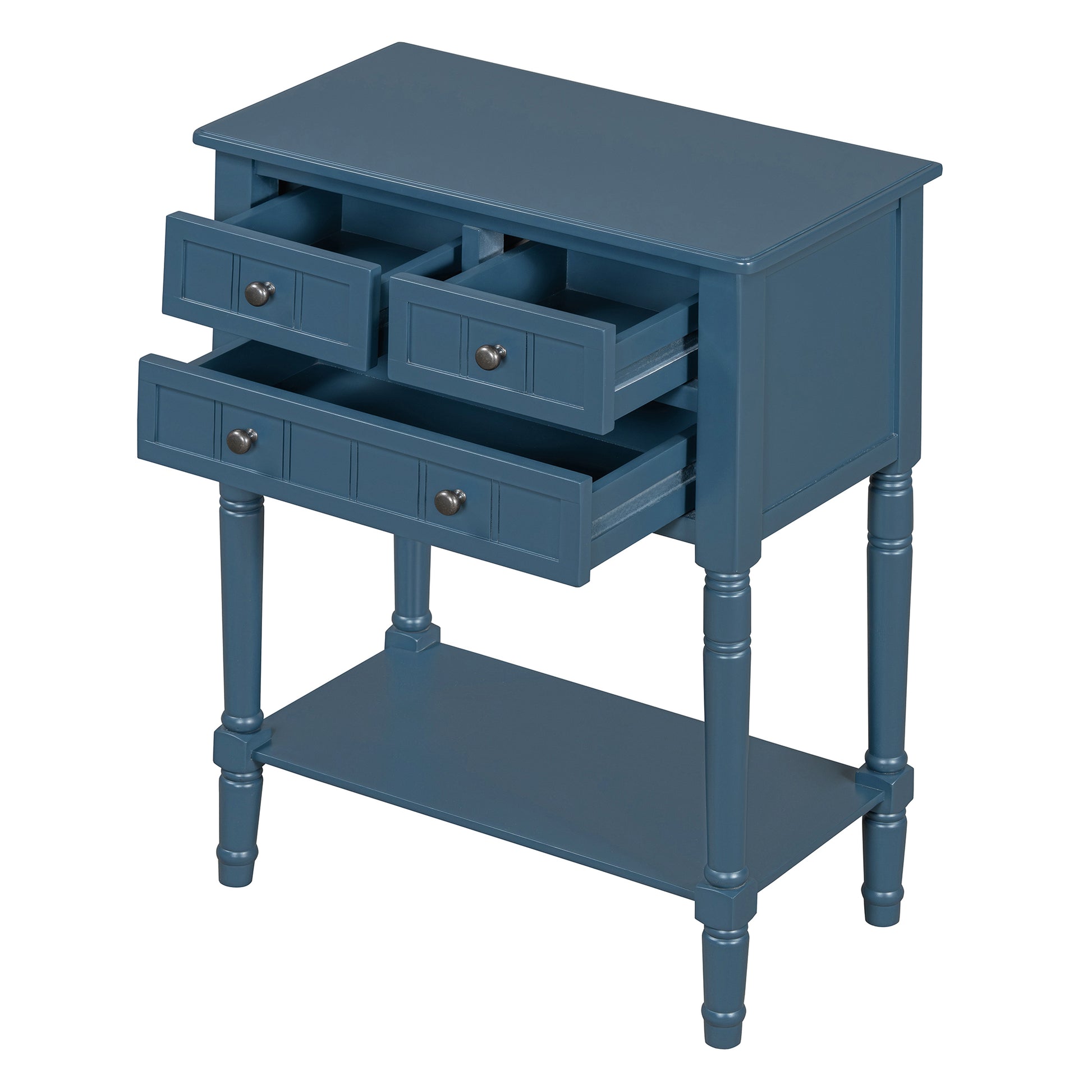Narrow Console Table, Slim Sofa Table With Three Storage Drawers And Bottom Shelf Navy Navy Solid Wood Mdf