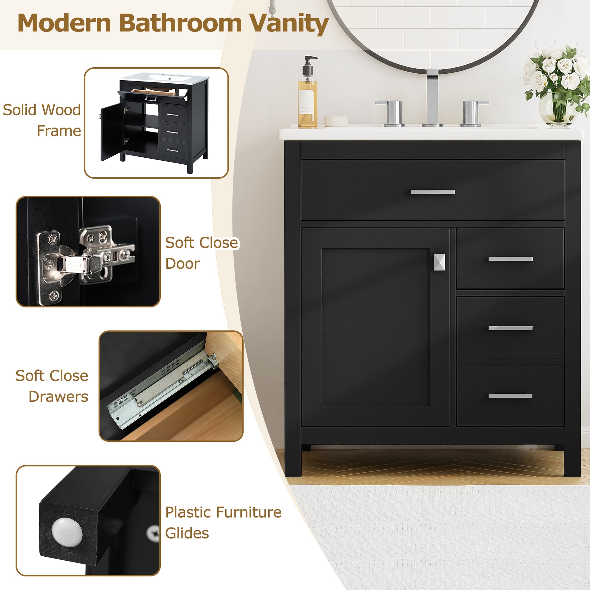 30 Inch Black Bathroom Vanity With Ceramic Sink And Large Storage Ideal Choice For Small Bathrooms Black Bathroom Solid Wood Mdf