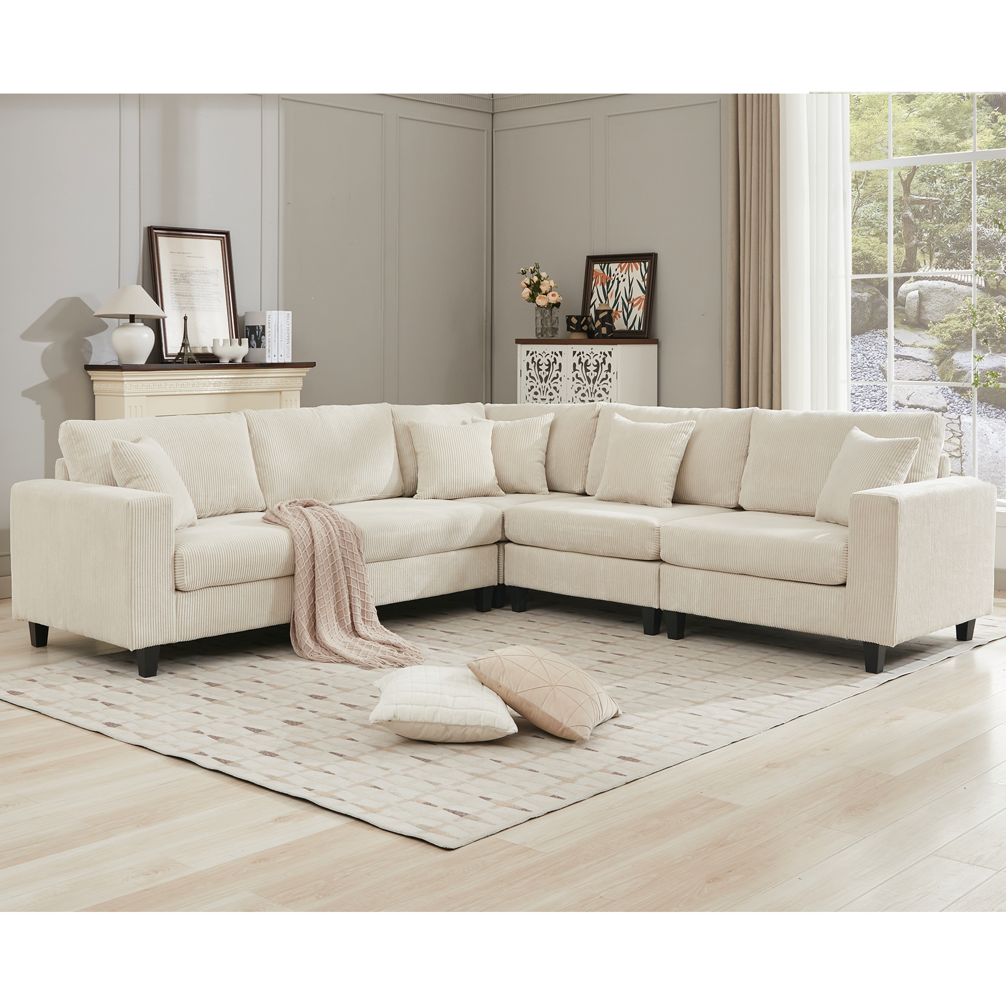 Packaging Upgrade Oversized Modular Sectional Sofa Set, L Shaped Couch,Corduroy ,Upholstered,Deep Seat,5 Seat,5 Throw Pillow And 6 Back Cushion,Living Room, Apartment ,Beige Beige Polyester Wood