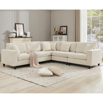 Packaging Upgrade Oversized Modular Sectional Sofa Set, L Shaped Couch,Corduroy ,Upholstered,Deep Seat,5 Seat,5 Throw Pillow And 6 Back Cushion,Living Room, Apartment ,Beige Beige Polyester Wood