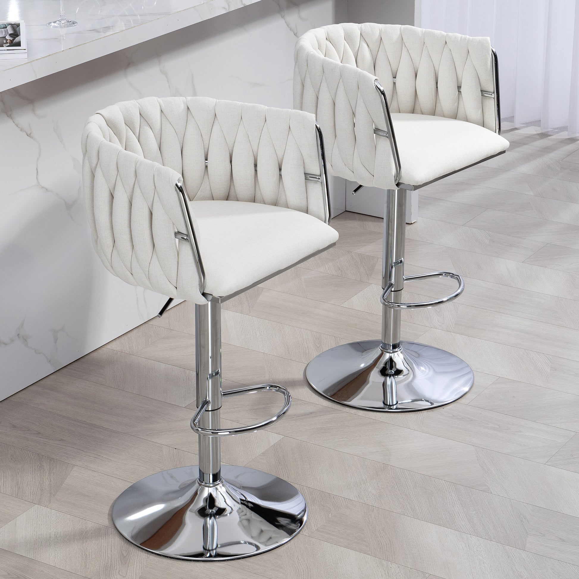 360 Fabric Cover Swivel Bar Stools Set Of 2, Adjustable Counter Height Bar Chairs With Woven Back & Footrest,Silver Chromed Bar Stools For Kitchen Island, Cafe, Pub Beige Beige Kitchen Modern Foam Fabric