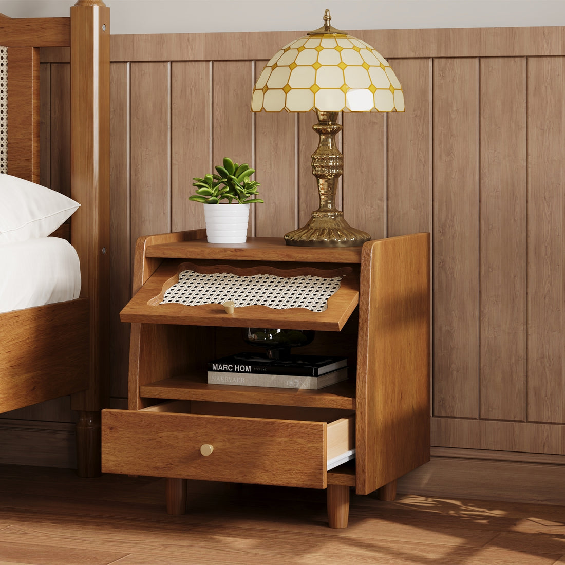 Wooden Nightstand With Rattan Woven Storage Cabinet And 1 Drawer, Exquisite Elegance With Natural Storage Solutions For Bedroom, Walnut Walnut 1 Drawer Wood