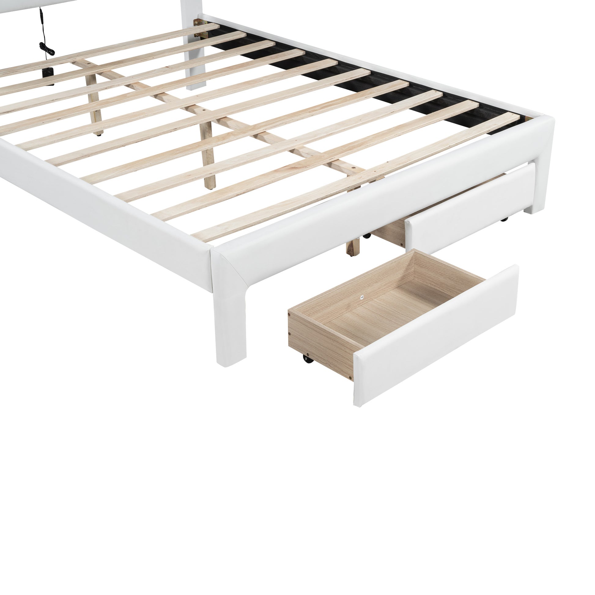 Queen Size Upholstered Platform Bed With Tufted Headboard, Led And 2 Drawers, White Box Spring Not Required Queen White Wood Bathroom Bed Frame Faux Leather Upholstered