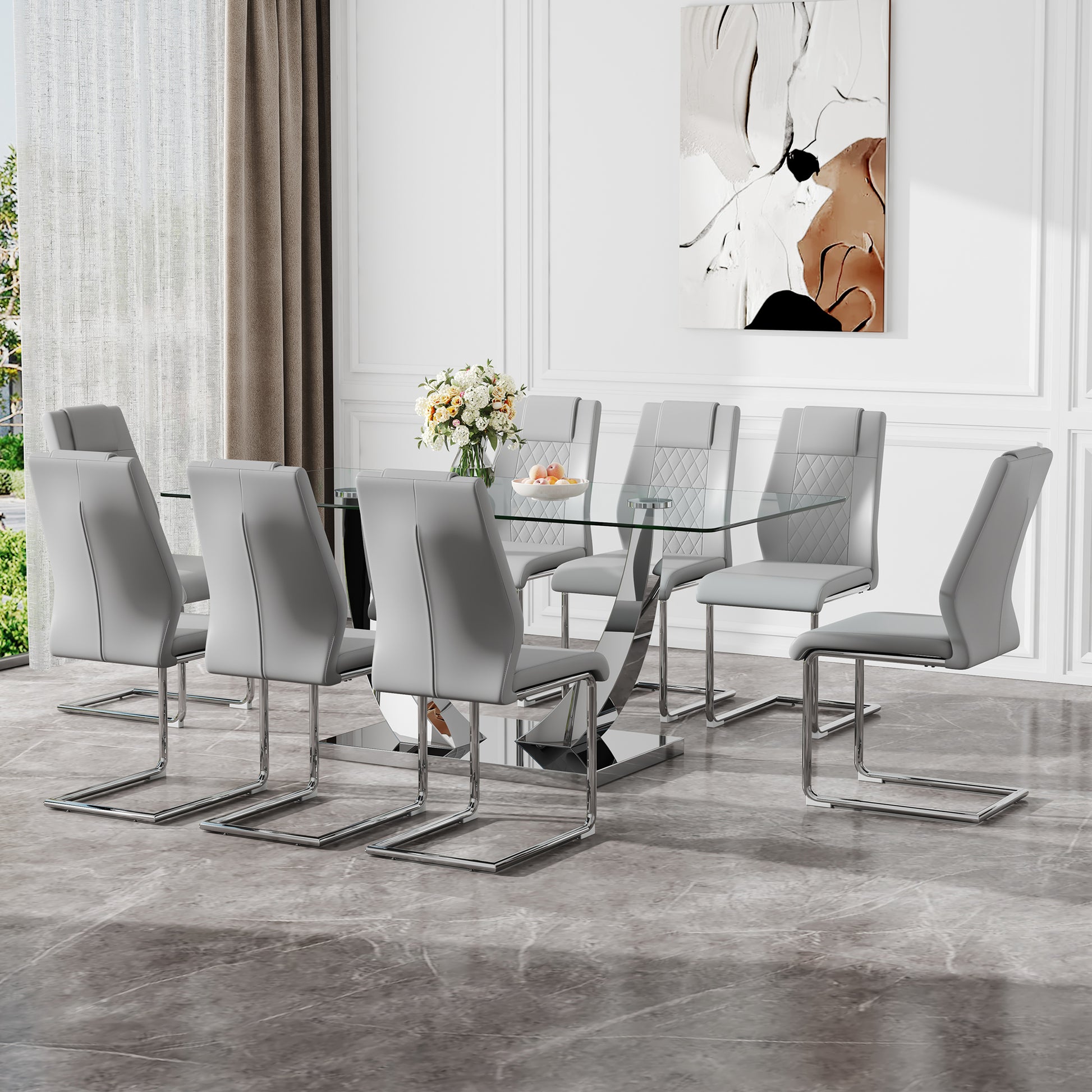 Table And Chair Set.Contemporary, Minimalist Rectangular Dining Table Featuring A Clear Tempered Glass Top And Sleek Silver Legs. Paried With Chairs Made Of Pu Material Cushion And Silver Metal Legs. Gray Seats 8 Glass Metal