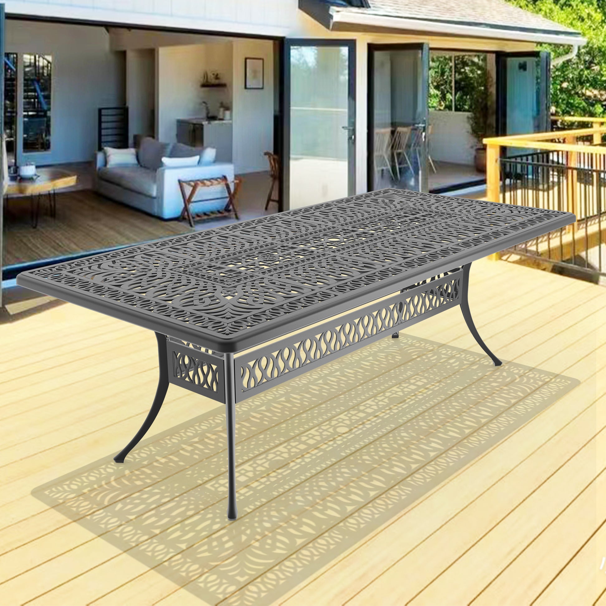 32 inch patio table with umbrella hole L86.61*W42.32 Inch Oval Cast Aluminum Patio Dining Table With Black Fr