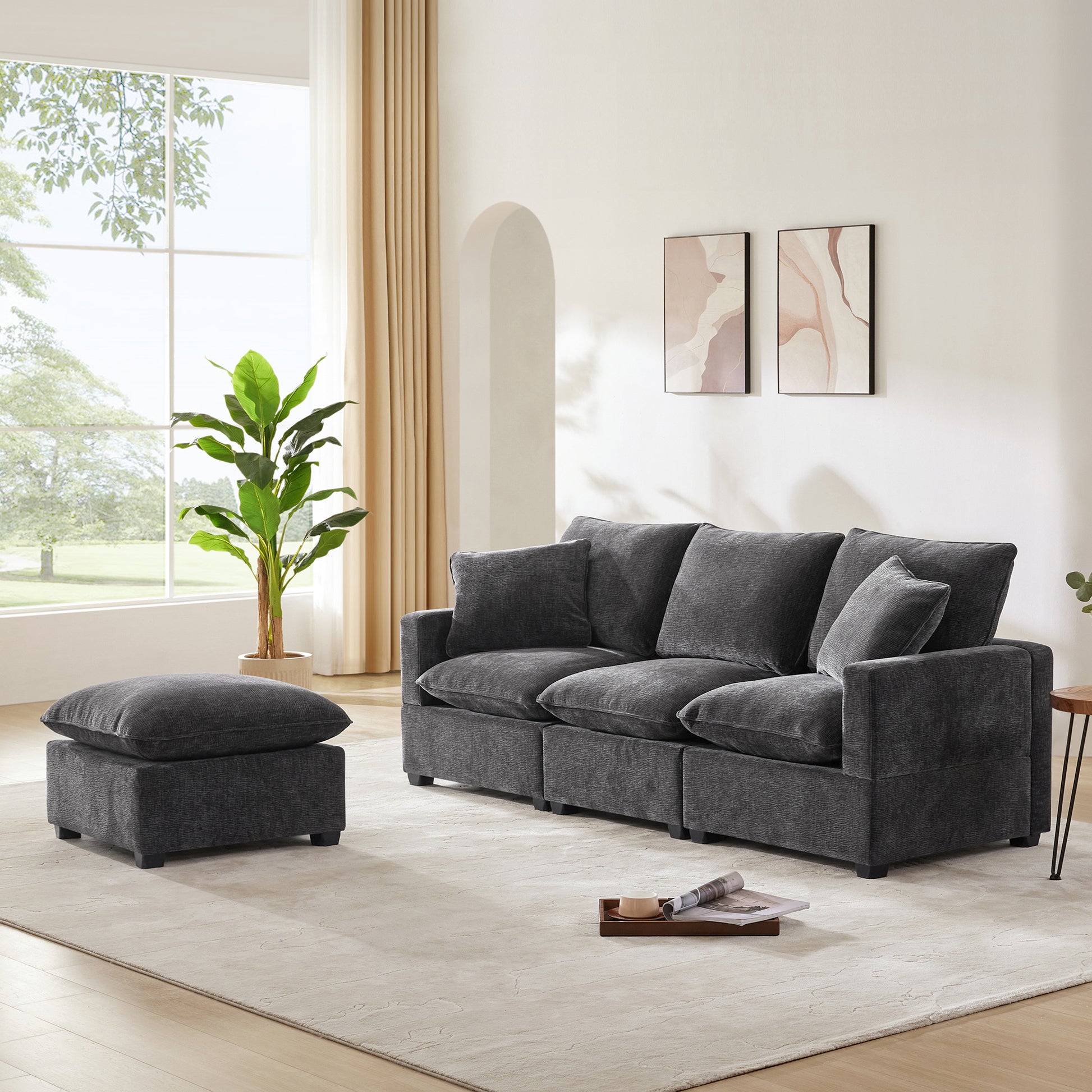 84*57" Modern Modular Sofa, 4 Seat Chenille Sectional Couch Set With 2 Pillows Included, Freely Combinable Indoor Funiture For Living Room, Apartment, Office, 2 Colors Black Grey Chenille 4 Seat