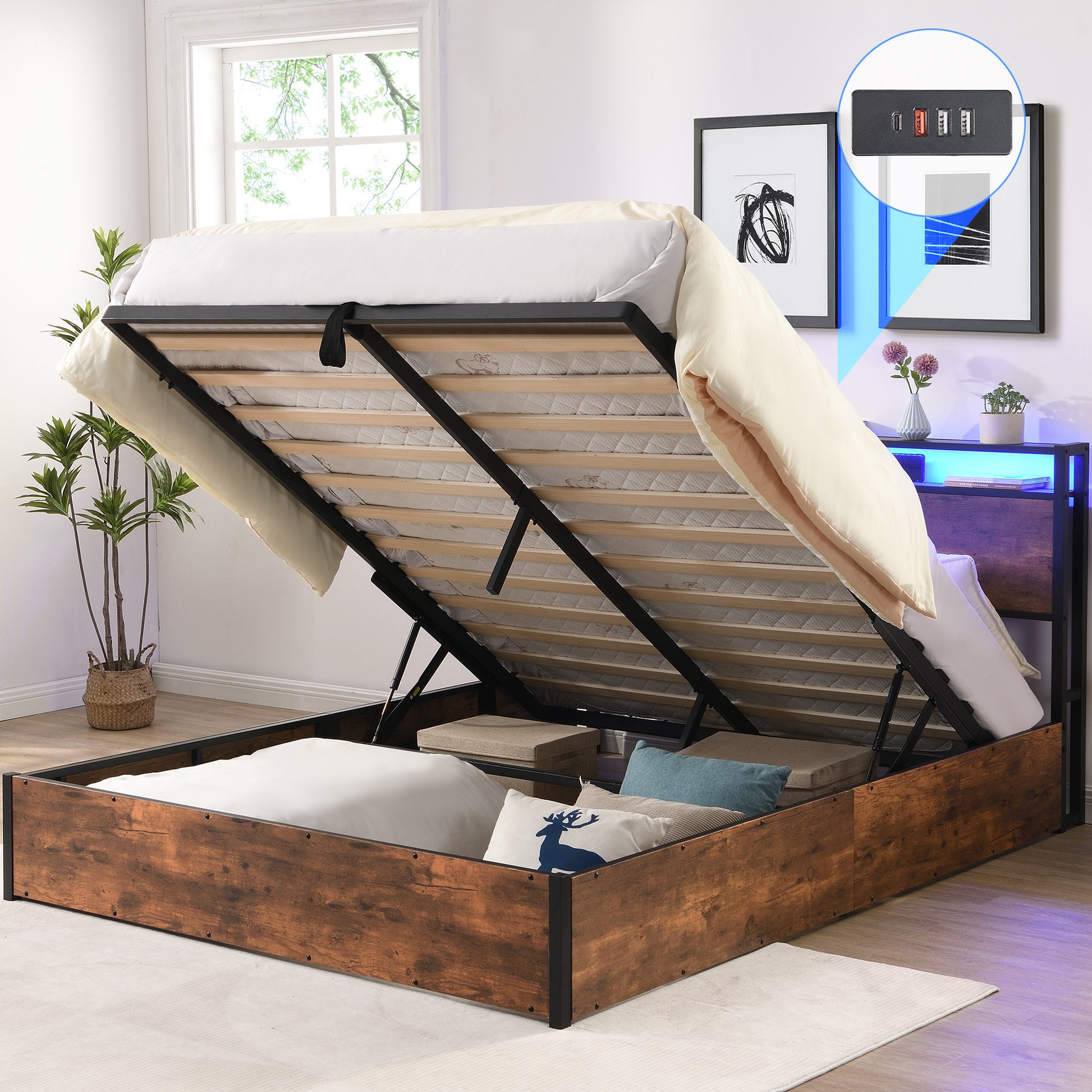 Lift Up Storage Bed Frame, Full Size Bed Frame With Bookcase Headboard & Led Lights, Wooden Platform Bed Frame With Charging Station, No Spring Box Needed, Rustic Brown Box Spring Not Required Full Rustic Brown Metal Brown Bedroom Industrial Bed Frame