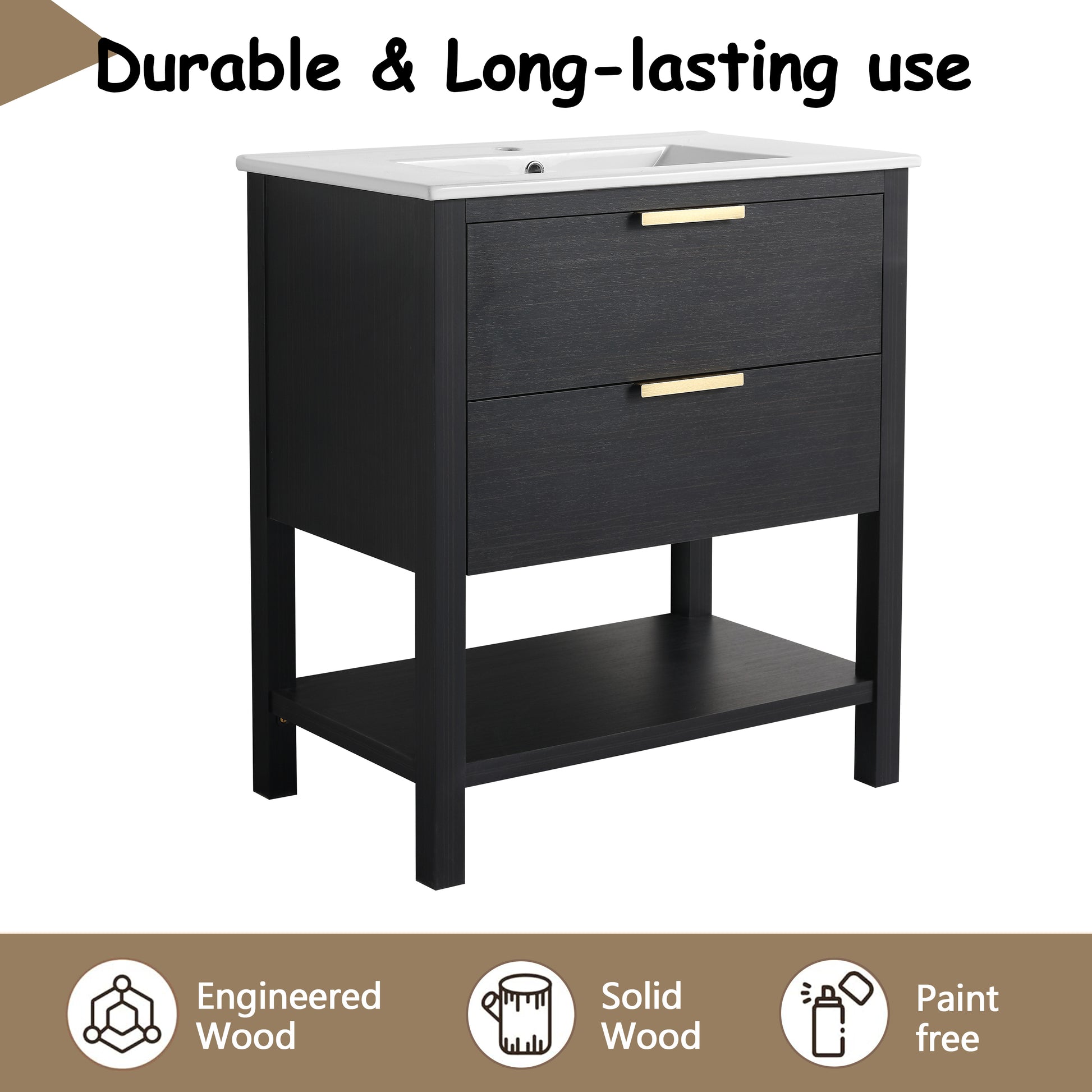 30 Inch Bathroom Vanity With Sink And 2 Soft Close Drawers, Golden Handle Bvb01030Bctg Bl9075B Black Chestnut Bathroom Modern Plywood