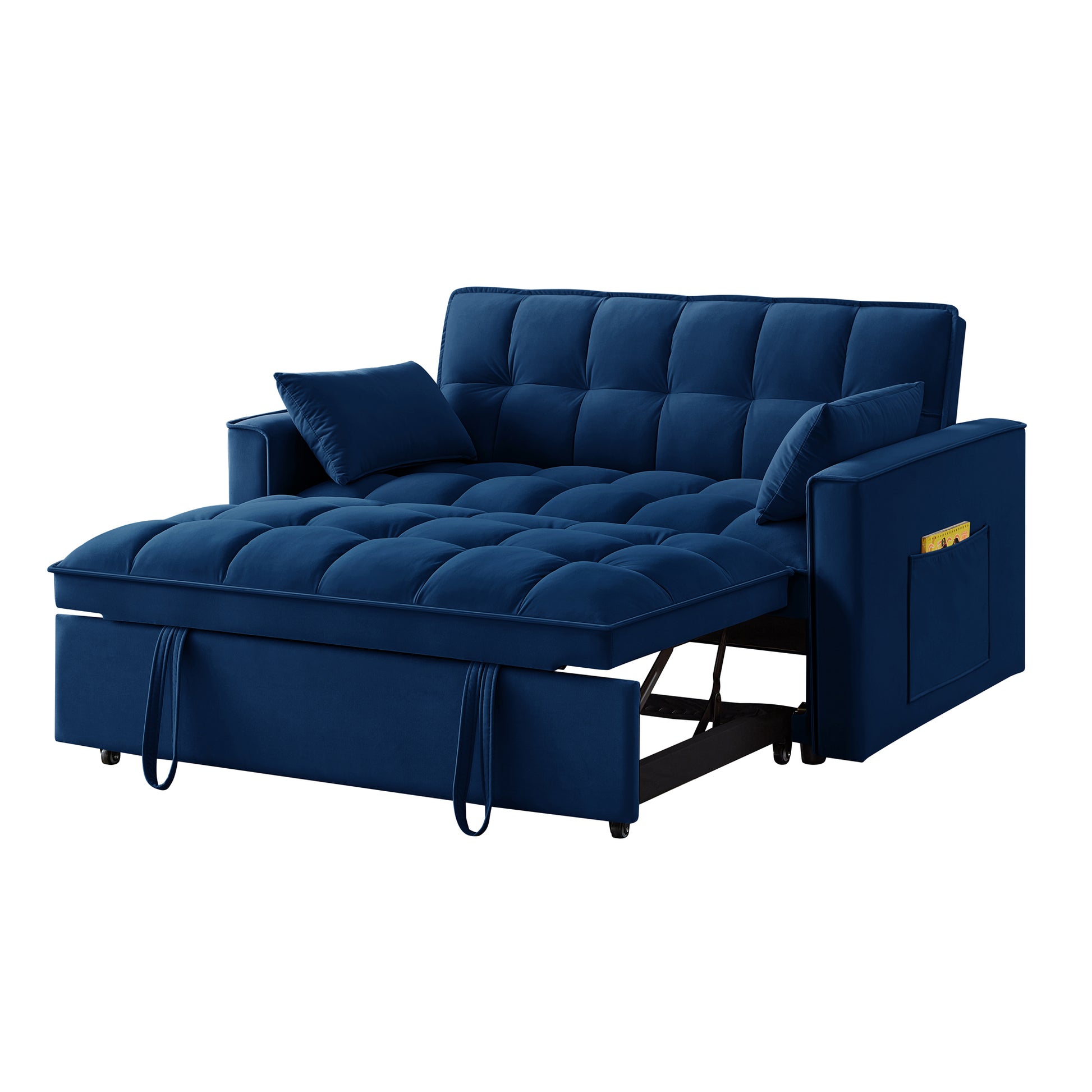 4 In1 Loveseat Sofa Bed With Armrests & Storage Pockets, Multi Function Tufted Pull Out Sofa Bed With Adjustable Backrest And Pillows, Convertible Loveseat Sofa Couch, Navy Navy Velvet Primary Living Space Medium Soft Tufted Back American