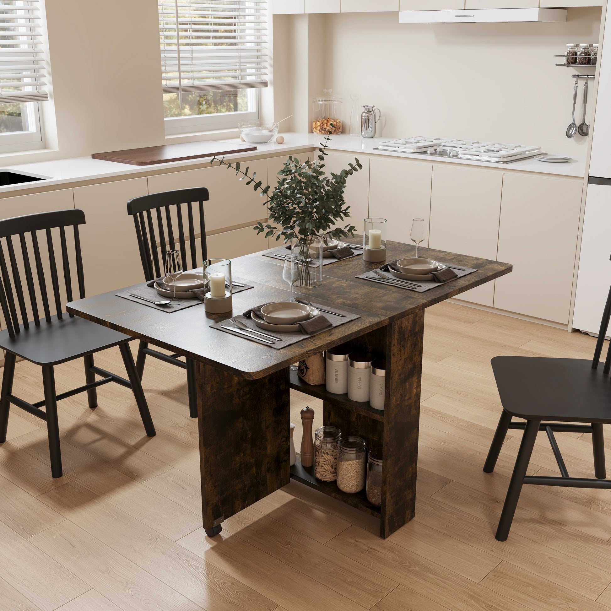 2407 Black Brown Foldable Dining Table, Fully Unfolded 51.18 Inches, Suitable For Small Family Tables Or Display Tables. Brown Mdf