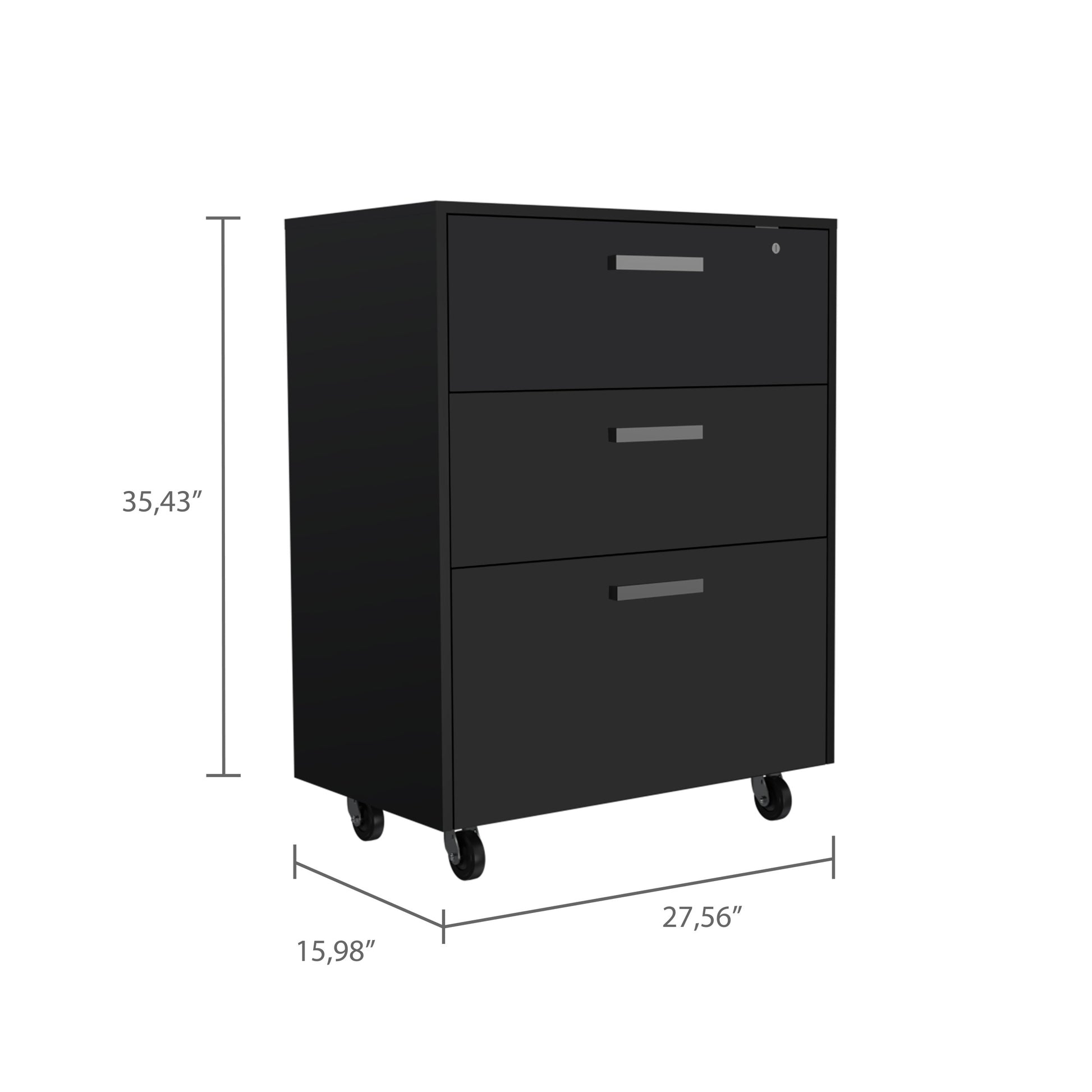 Multisstorage Cabinet 35" H, Three Drawers, Four Wheels, Black Black Particle Board Particle Board