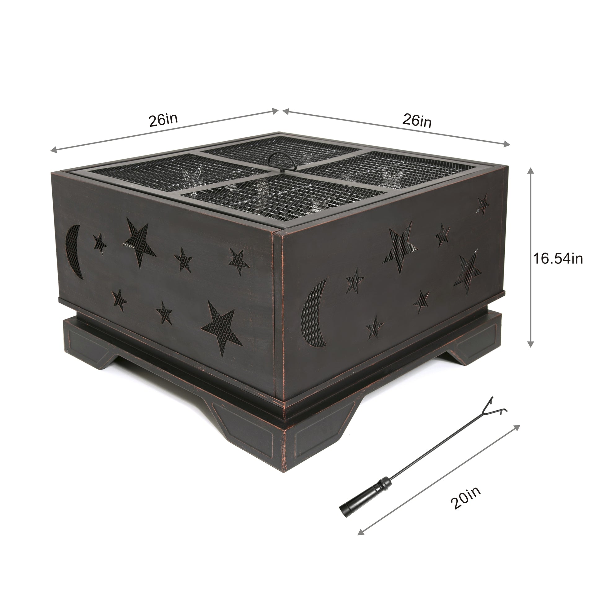 26 Inch Square Fire Pit With Bbq Grill, Outdoor Wood Burning Firepit With Poker, Large Burning Space Fireplace For Patio Garden Camping Backyard Picnic Bonfire Antique Brass Black Steel