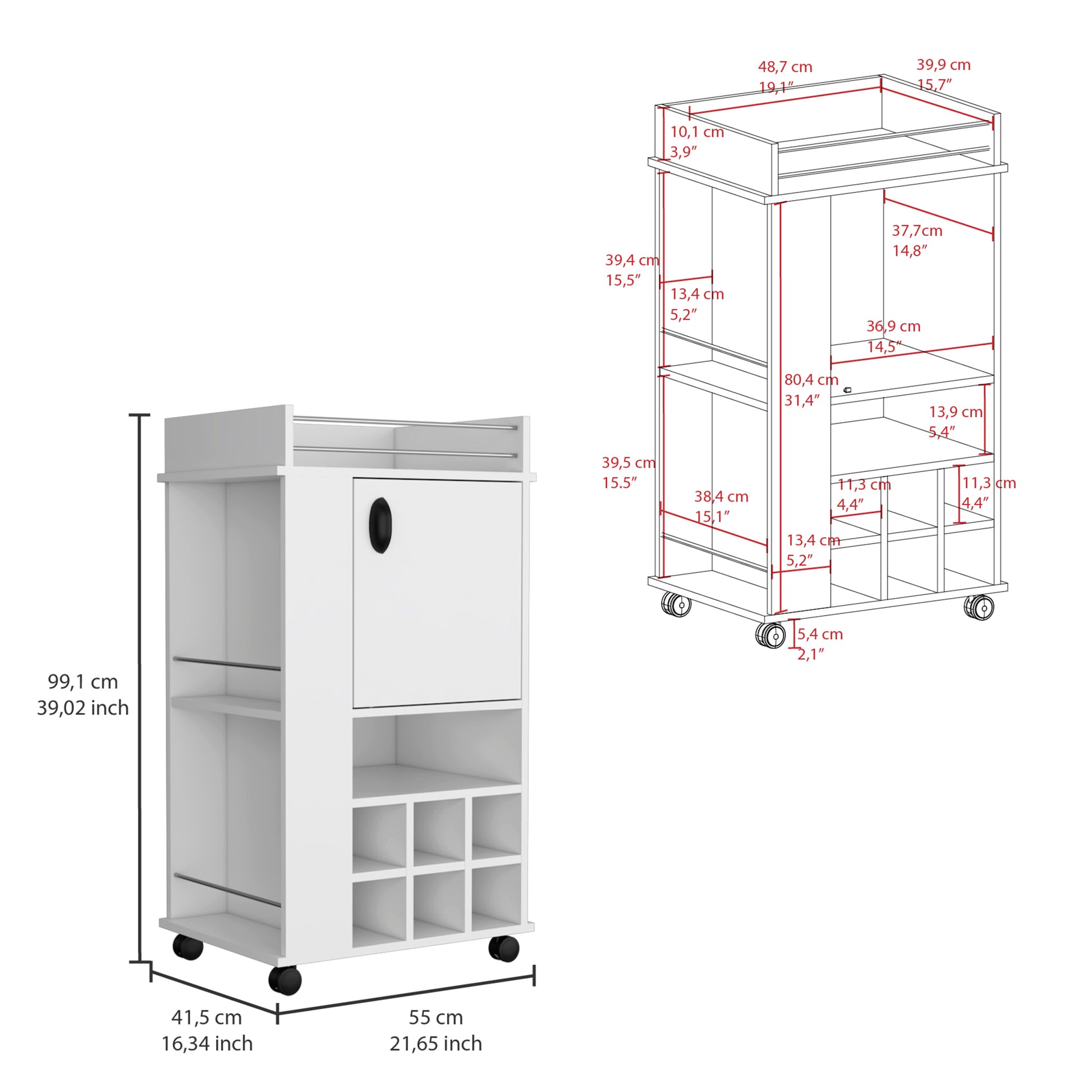 Fargo Bar Cart With Cabinet, 6 Built In Wine Rack And Casters White Primary Living Space Modern Particle Board Shelves Included Engineered Wood