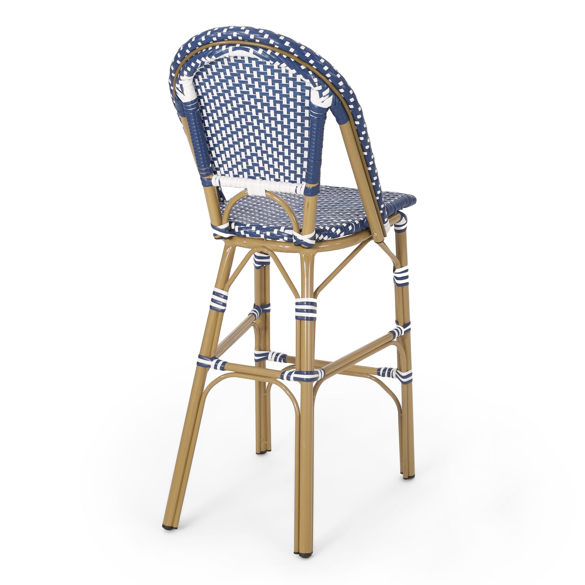 29.5" Outdoor Pe Rattan French Barstool, Dark Teal And White, Aluminum Frame With Bamboo Finish Set Of 2 No Teal Blue,White Rust Resistant Frame Garden & Outdoor French 2 Person Seating Group