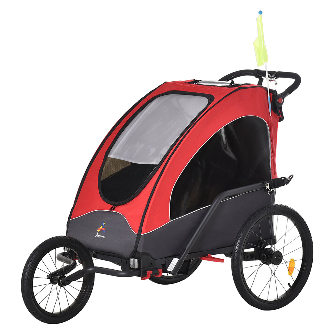 Aosom Bike Trailer For Kids 3 In1 Foldable Child Jogger Stroller Baby Stroller Transport Carrier With Shock Absorber System Rubber Tires Adjustable Handlebar Kid Bicycle Trailer Red And Grey Red Aluminum