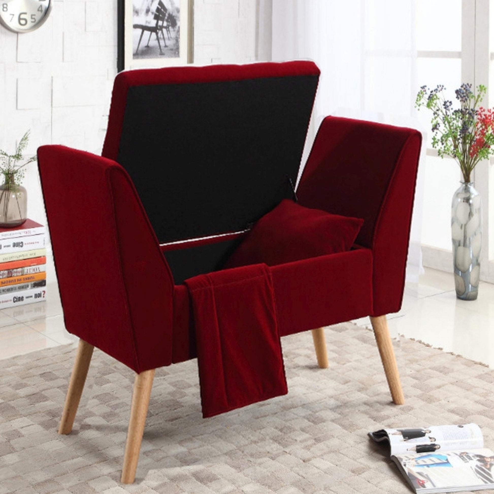 35" Tall Mid Century Design Storage Bench With Additional Pillow And Blanket, Red Red Wood