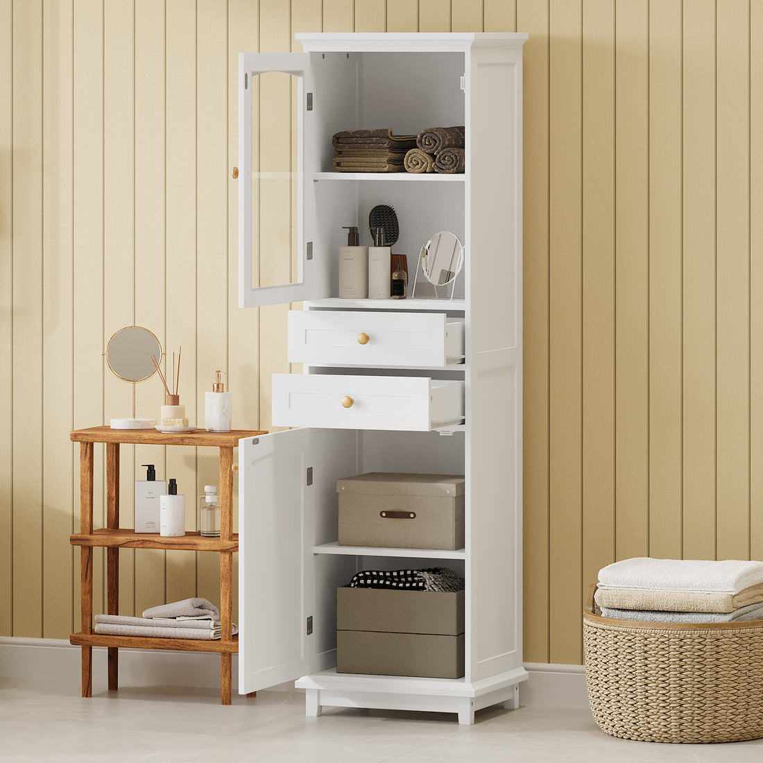 Tall Bathroom Storage Cabinet With Glass Doors, Free Standing, Two Drawers, And Adjustable Shelves, Mdf Board, Painted White Perfect For Displaying Your Favorite Items 2 White 2 4 Adjustable Shelves Bathroom Freestanding Partice Board Mdf Pine Wood